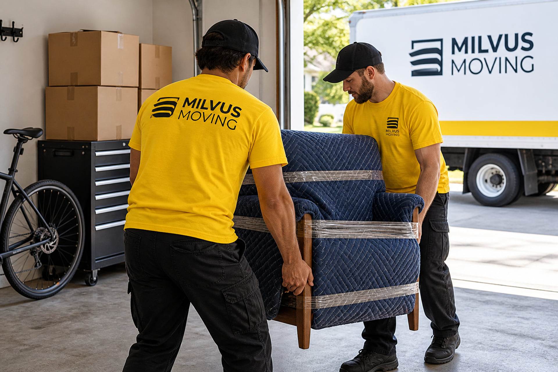 Two movers carrying a wrapped armchair past organized garage belongings