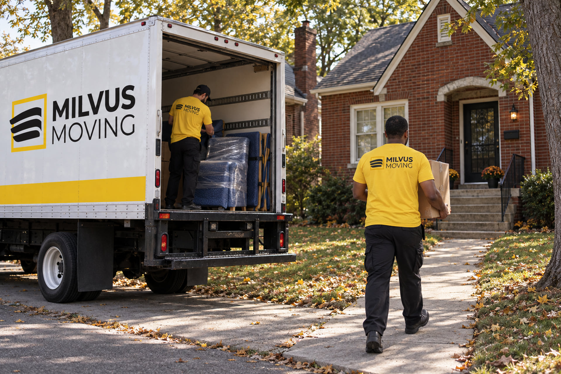 Milvus crew carrying cartons between a moving truck and a brick home