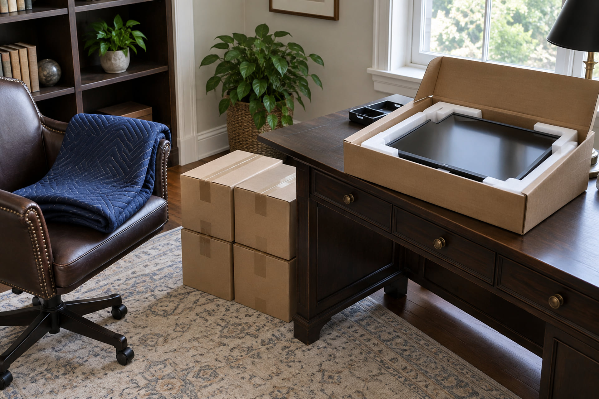 Monitor in a foam-lined carton beside home-office furniture and sealed boxes