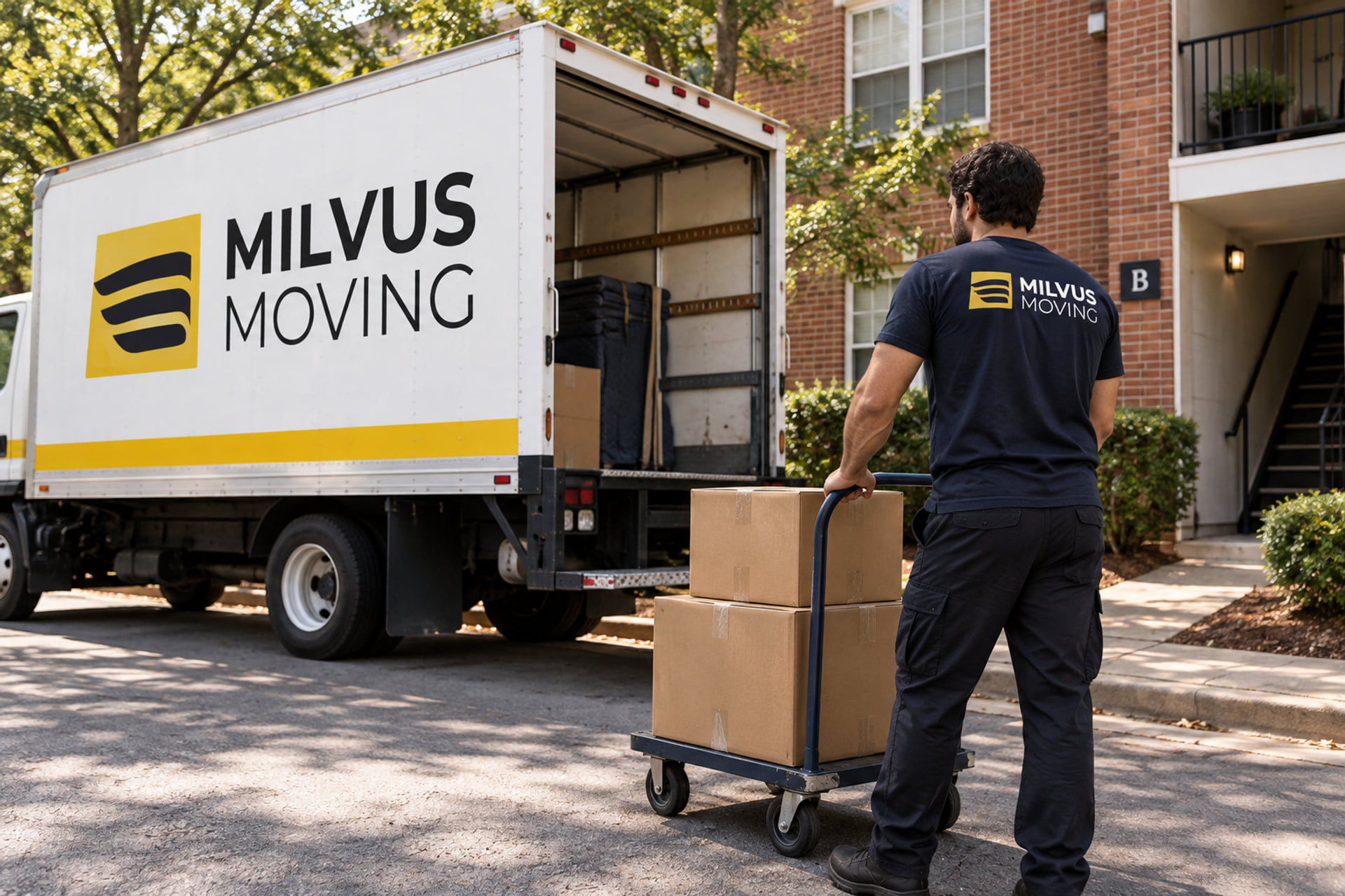 Mover wheeling cartons toward a brick apartment building beside a Milvus truck