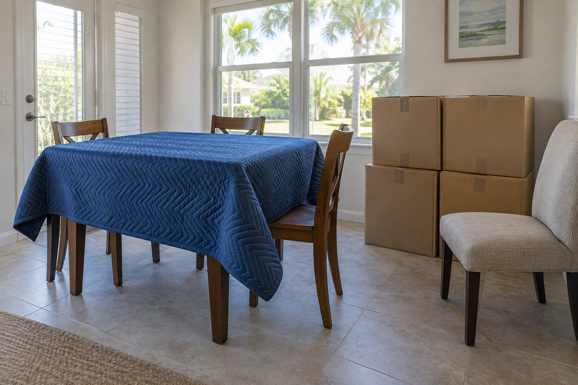 Dining table covered by a moving blanket beside sealed cartons