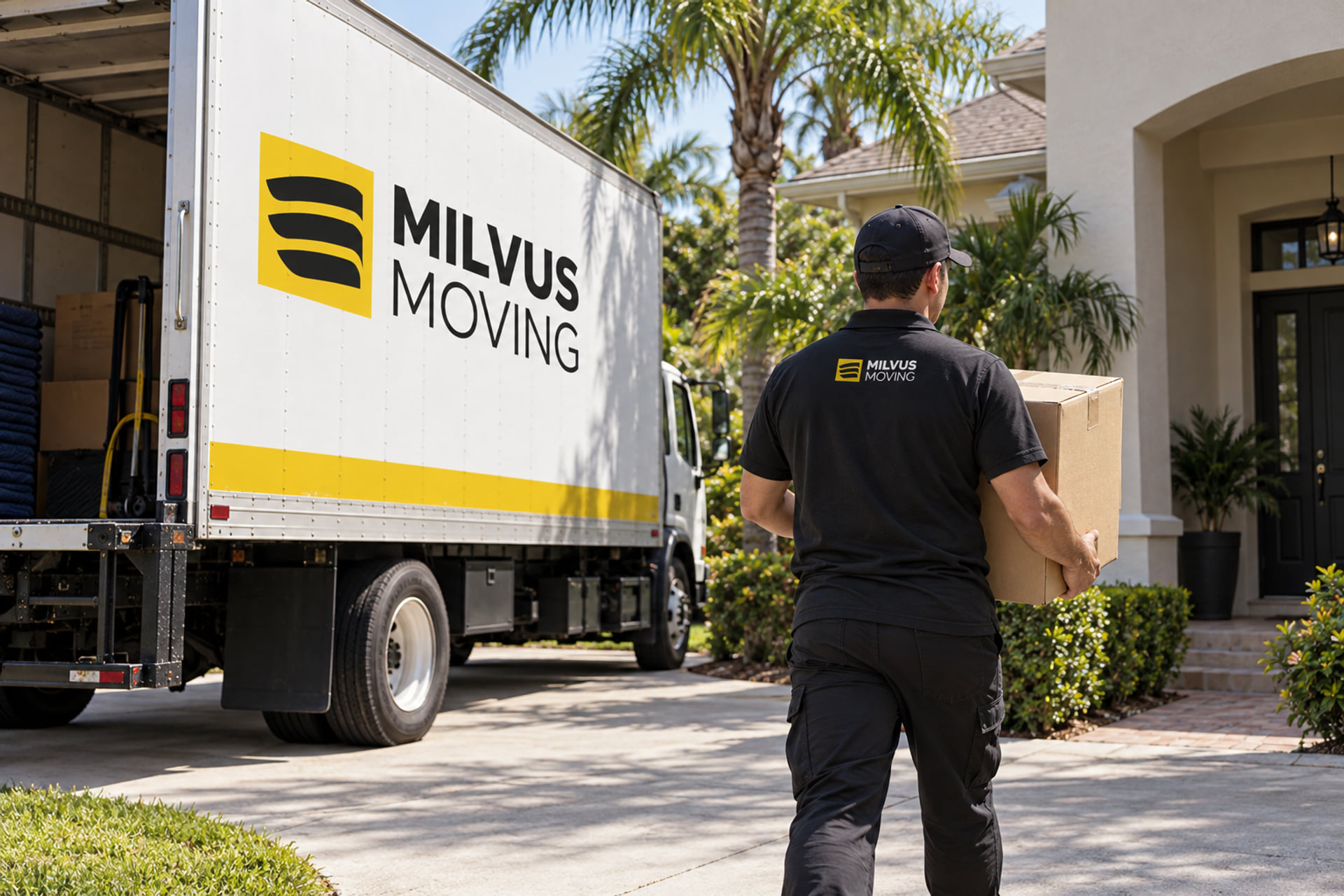 Mover carrying a carton toward a stucco home with palm landscaping