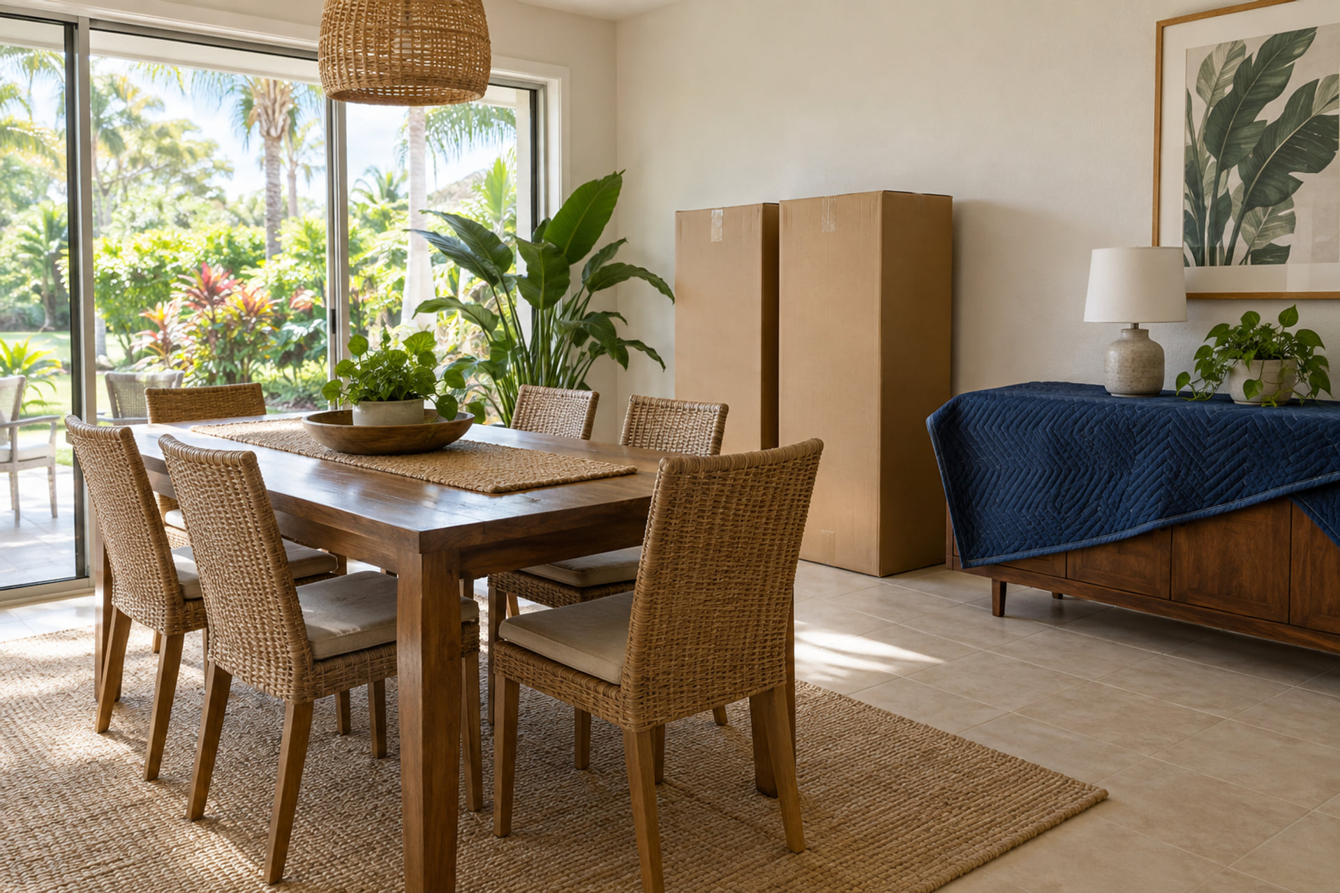 Dining furniture, tall cartons and a blanket-covered sideboard in a bright room