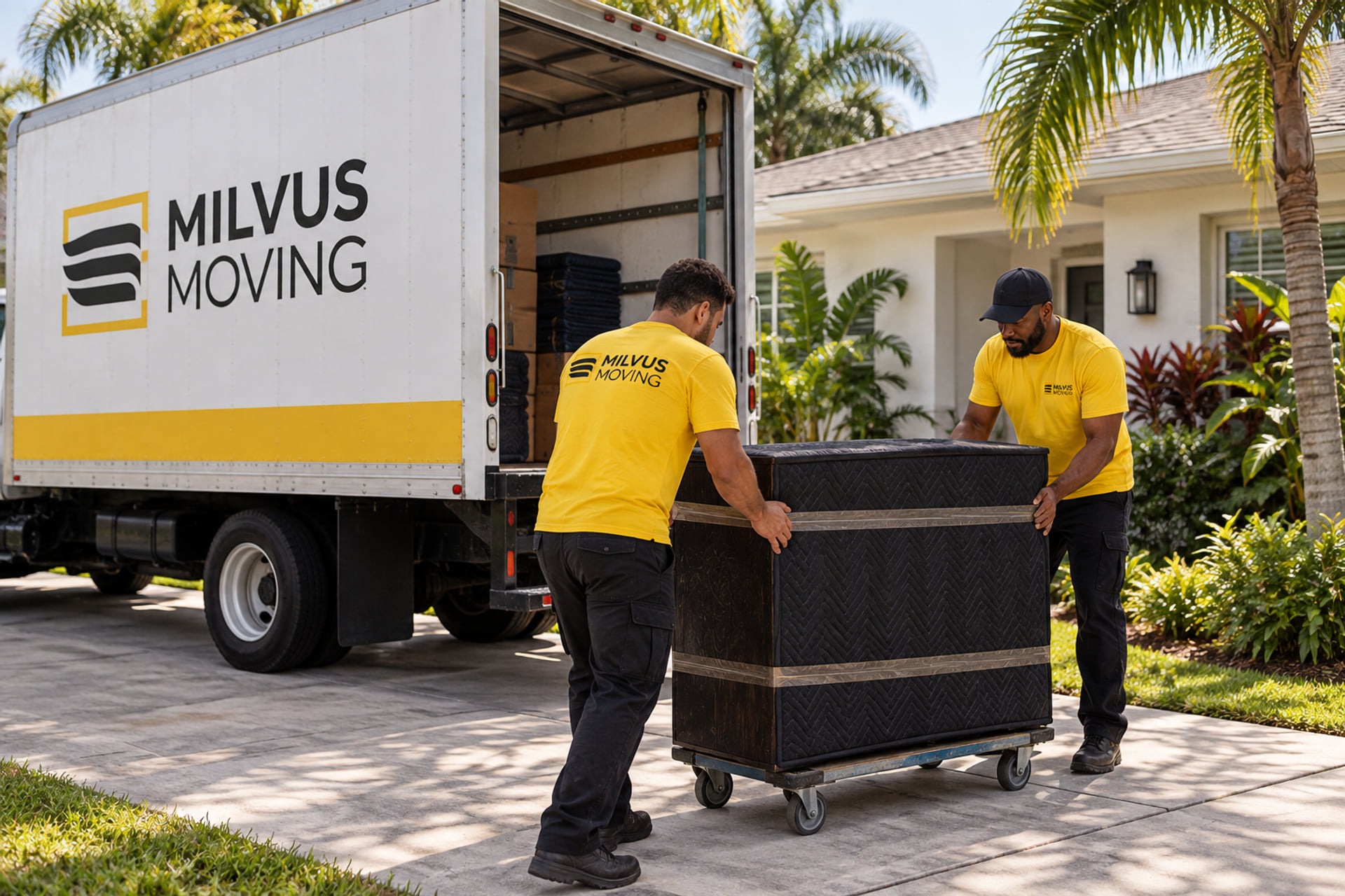 Two movers guiding a padded cabinet on a dolly near a palm-lined house