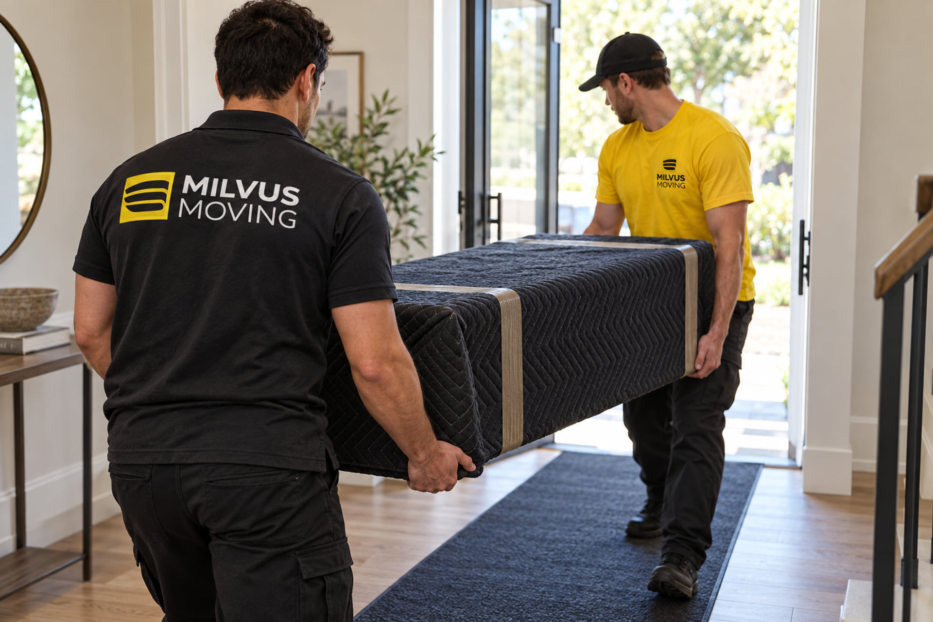 Two movers carrying padded furniture through an entrance with a floor runner