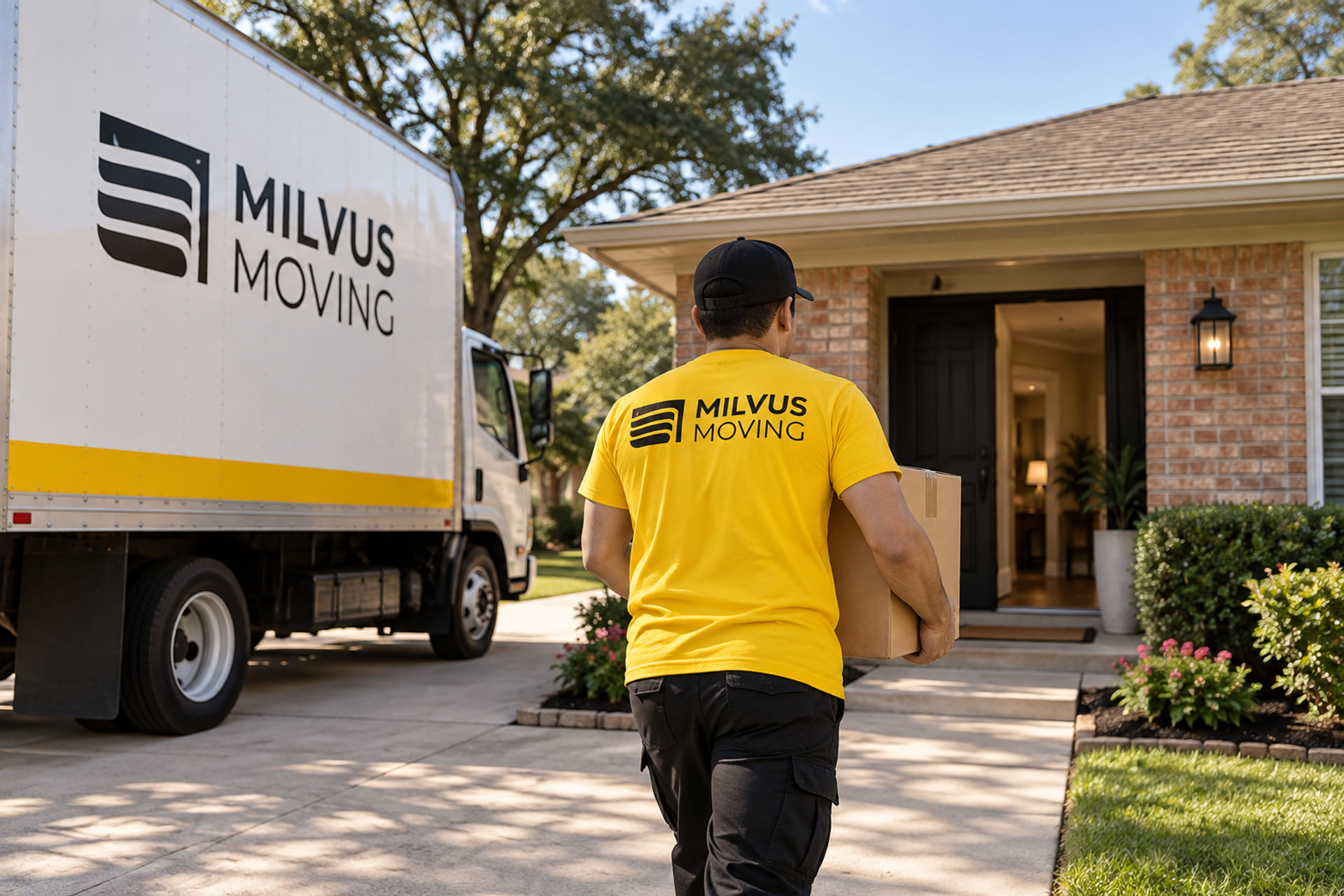 Mover carrying a carton toward a brick home with a broad driveway