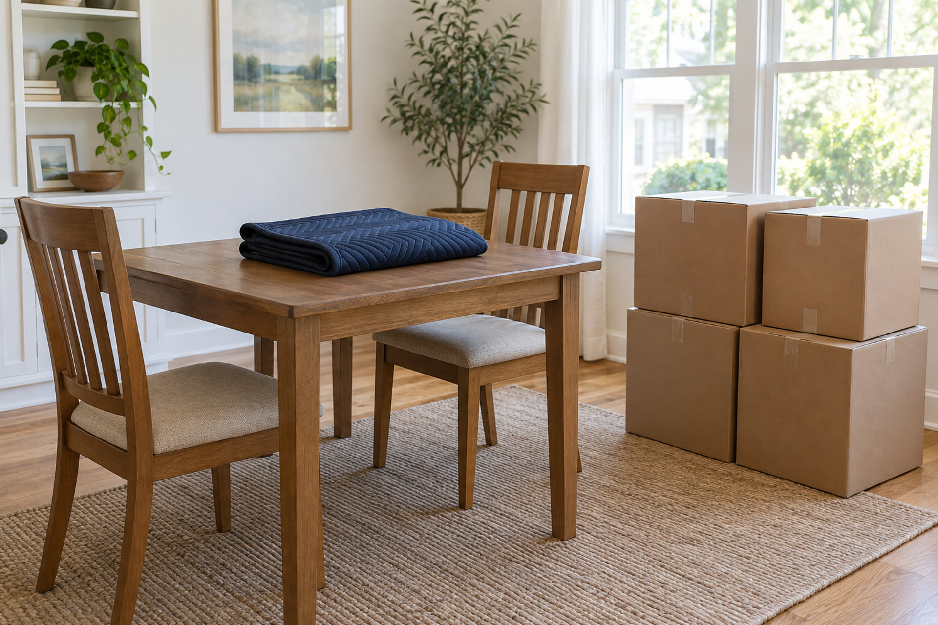 Dining table, chairs, folded moving blanket and sealed cartons