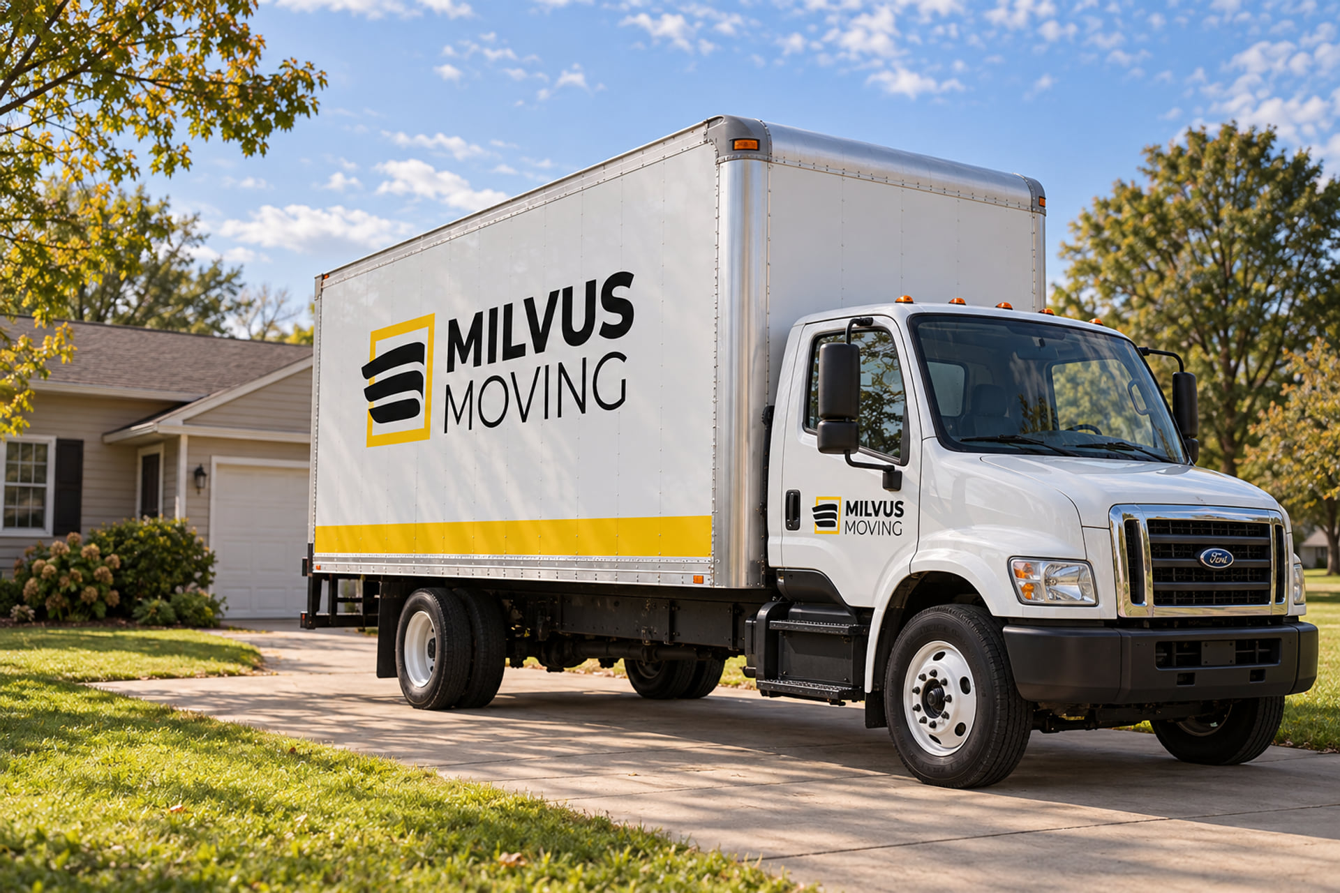 Milvus moving truck on a broad residential driveway