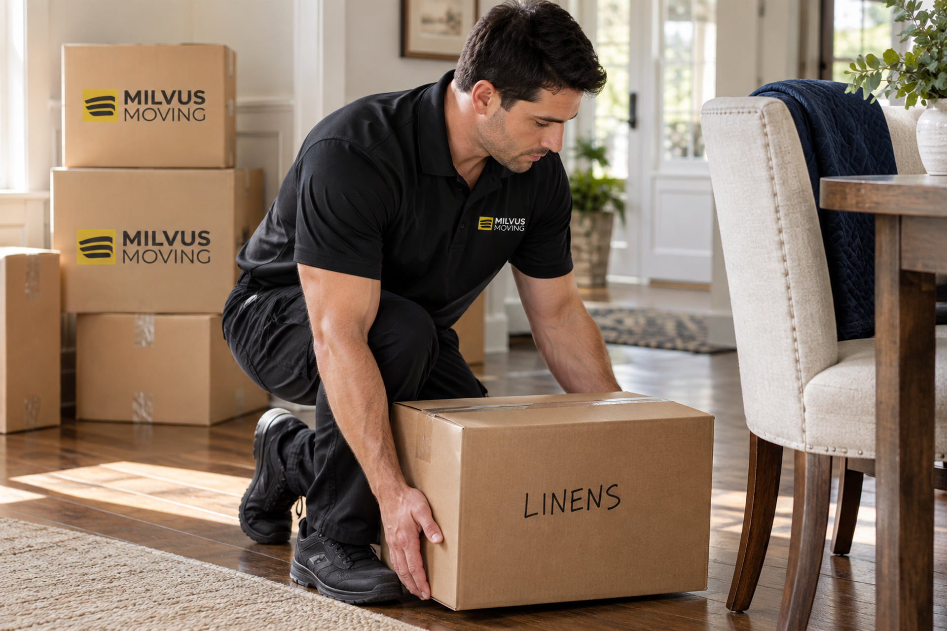 Mover setting down a carton marked Linens beside dining furniture
