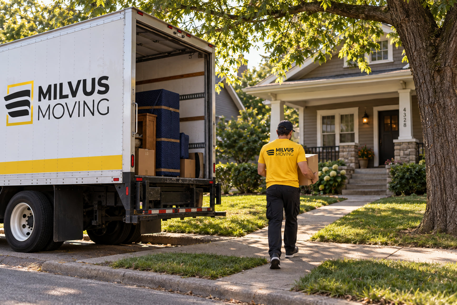 Mover carrying a carton toward a house with a covered porch