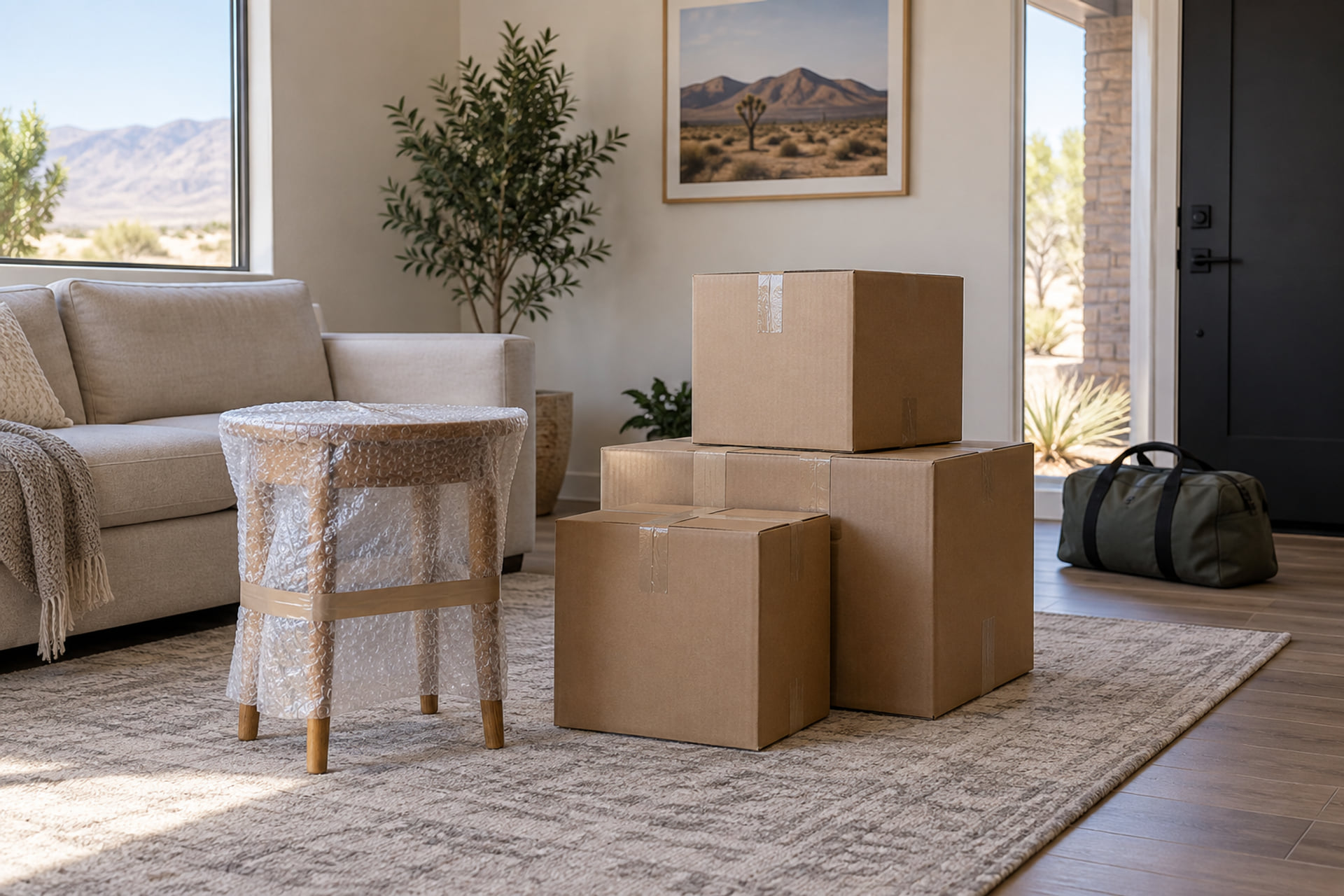 Wrapped side table, sealed cartons and a travel bag in a living room