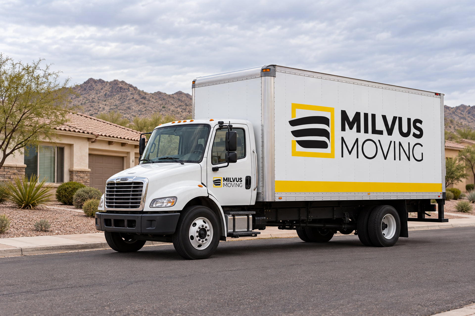 Milvus moving truck parked on a residential street with dry hills behind it