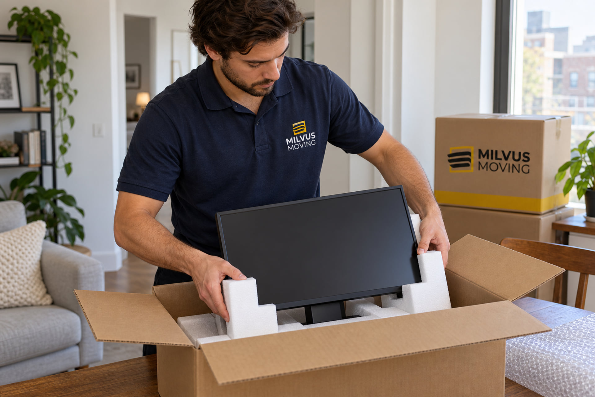 Mover fitting a monitor into a carton with protective foam supports
