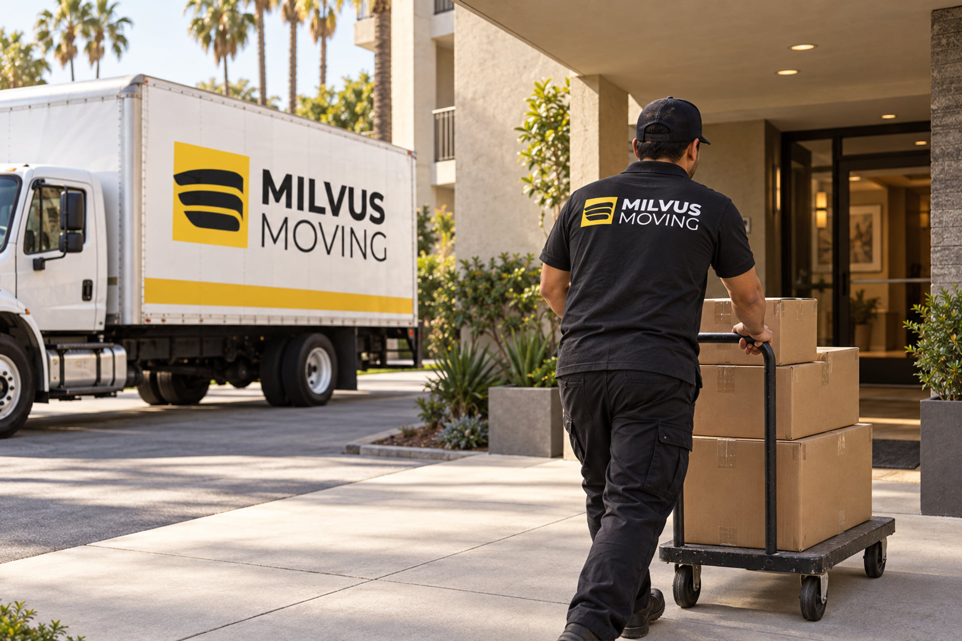 Mover pushing stacked cartons toward a wide apartment entrance
