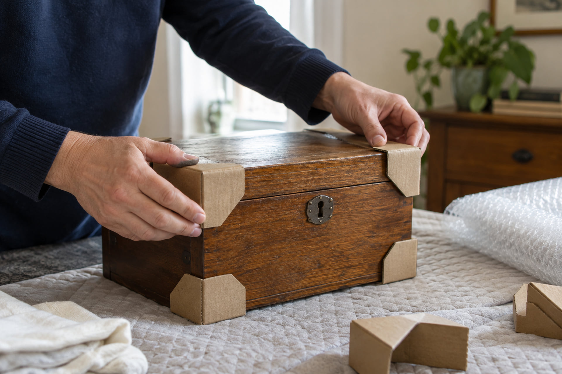 Hands fitting cardboard corner protectors to a small wooden chest