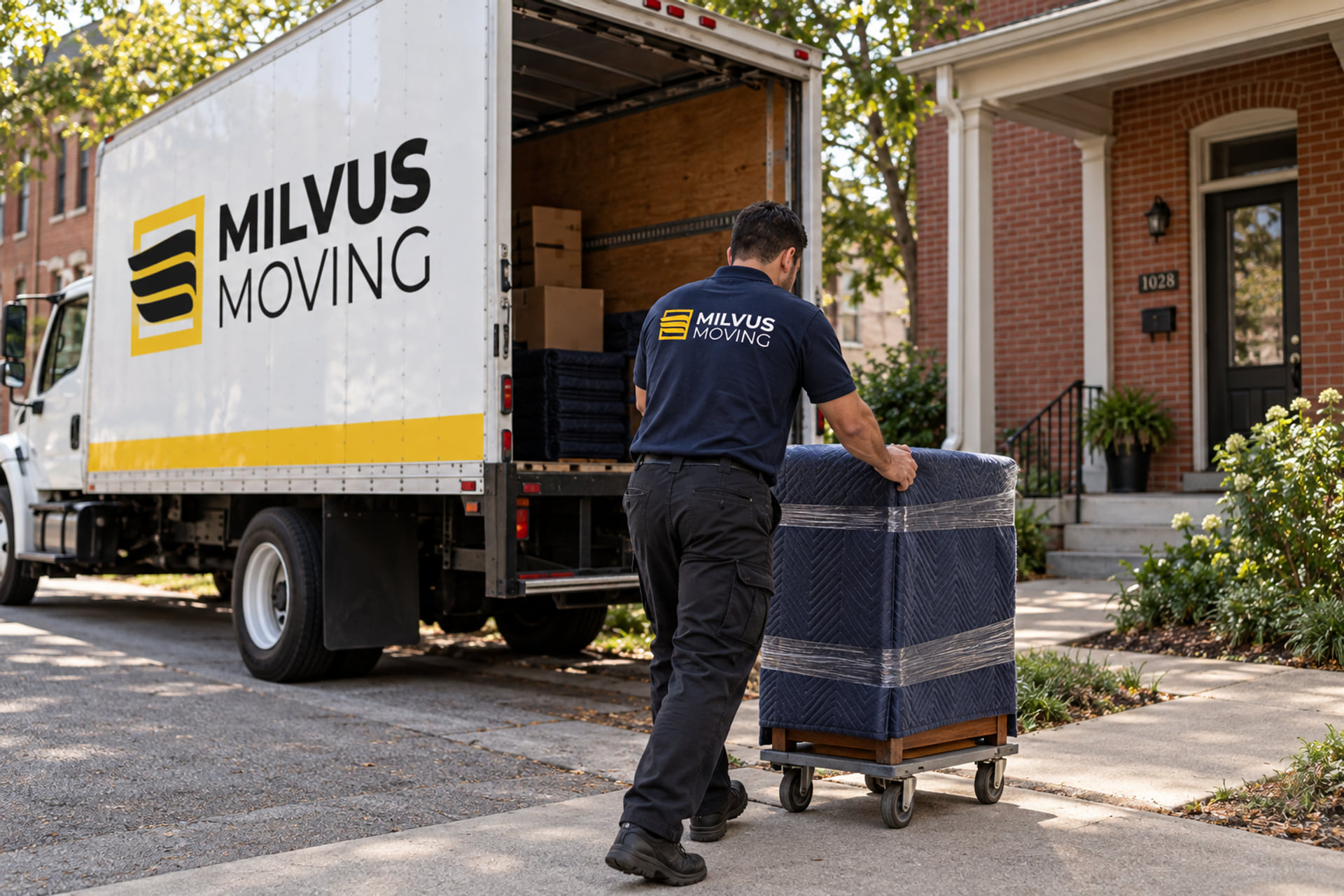 Mover guiding a padded cabinet on a dolly beside a brick home