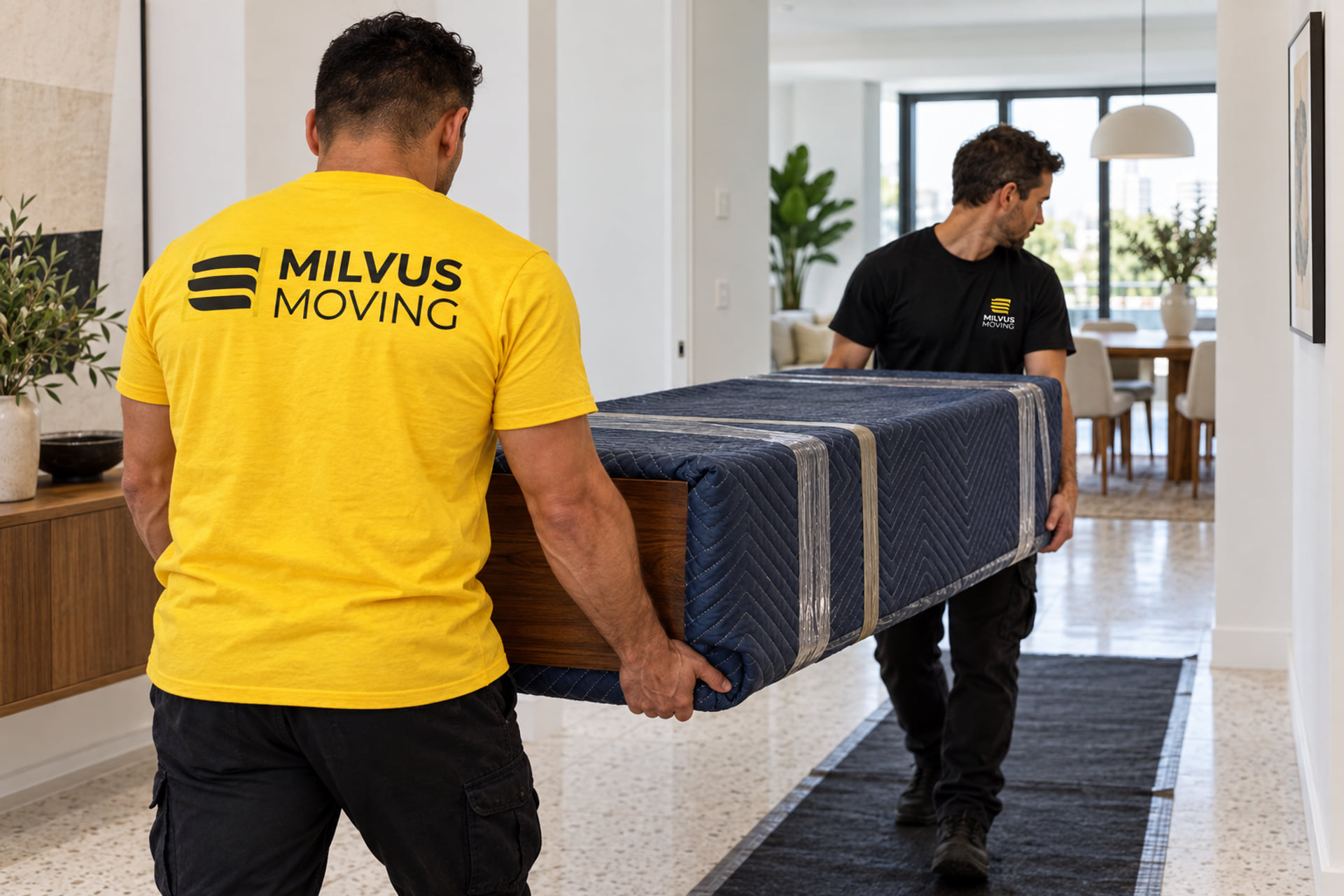 Two movers carrying a padded wooden furniture piece along a protected hallway