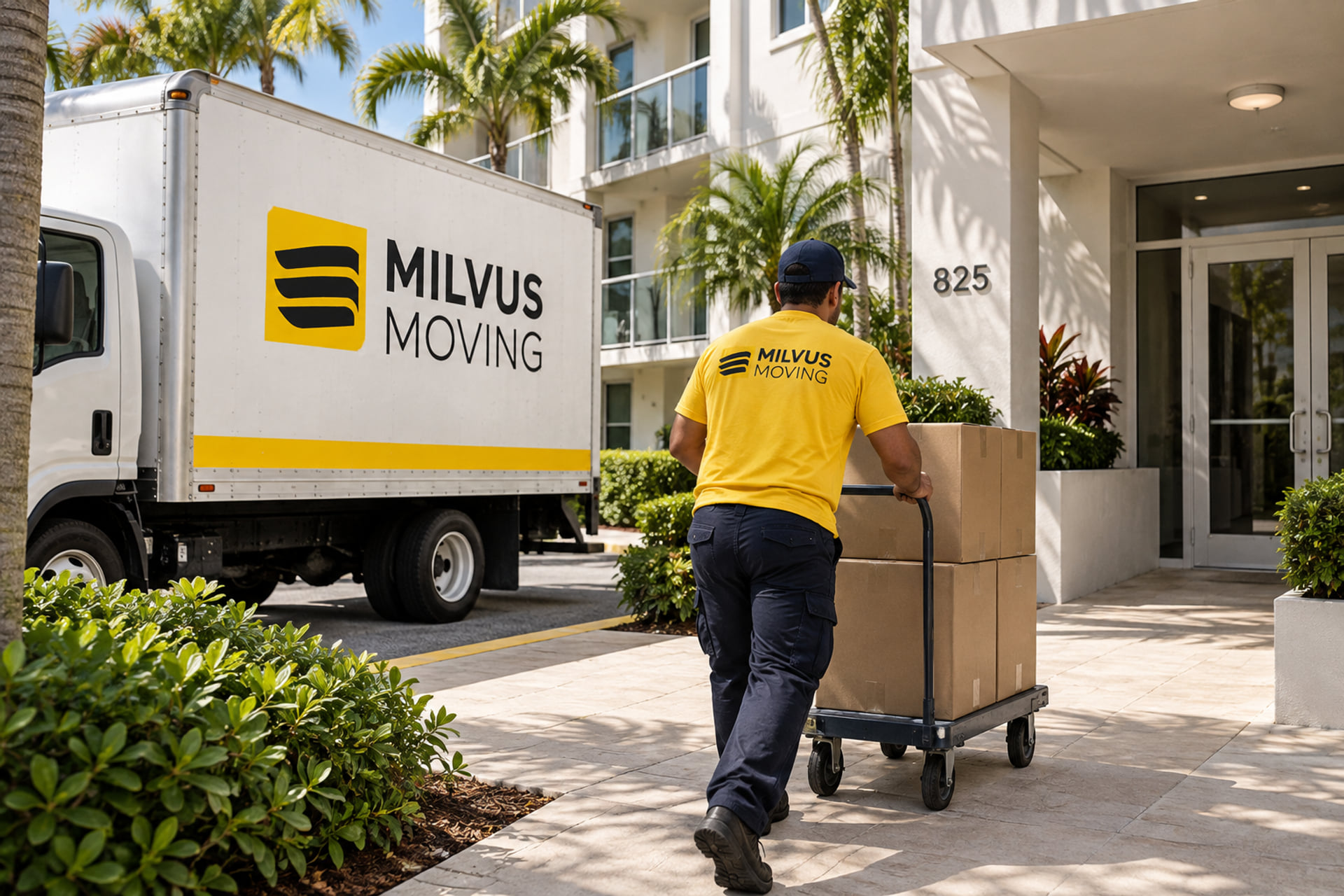 Mover pushing a carton trolley toward an apartment entrance with palm trees