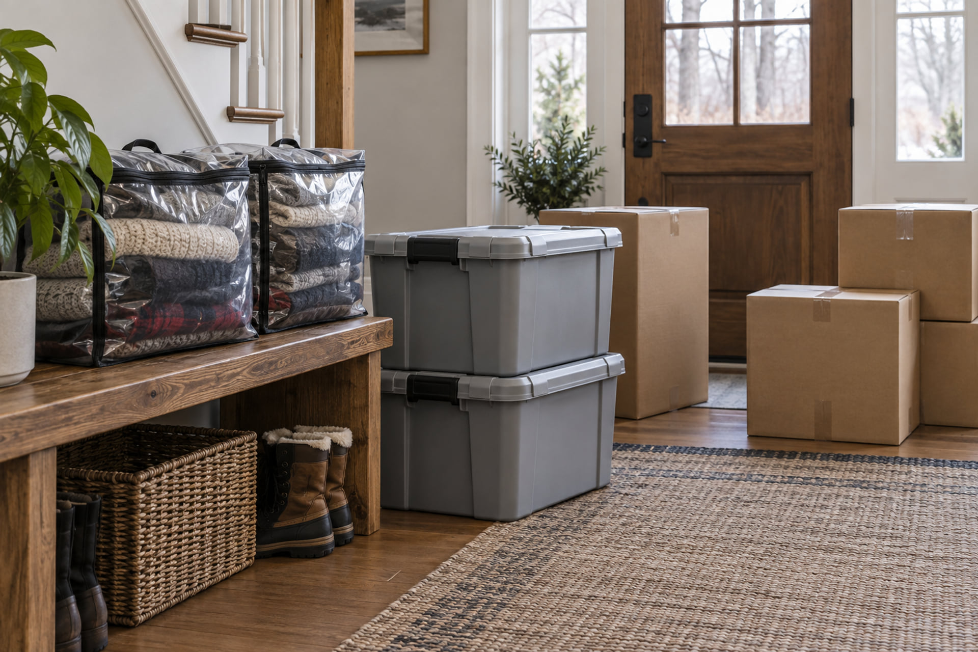 Packed seasonal clothing, lidded bins and cartons beside a clear entrance