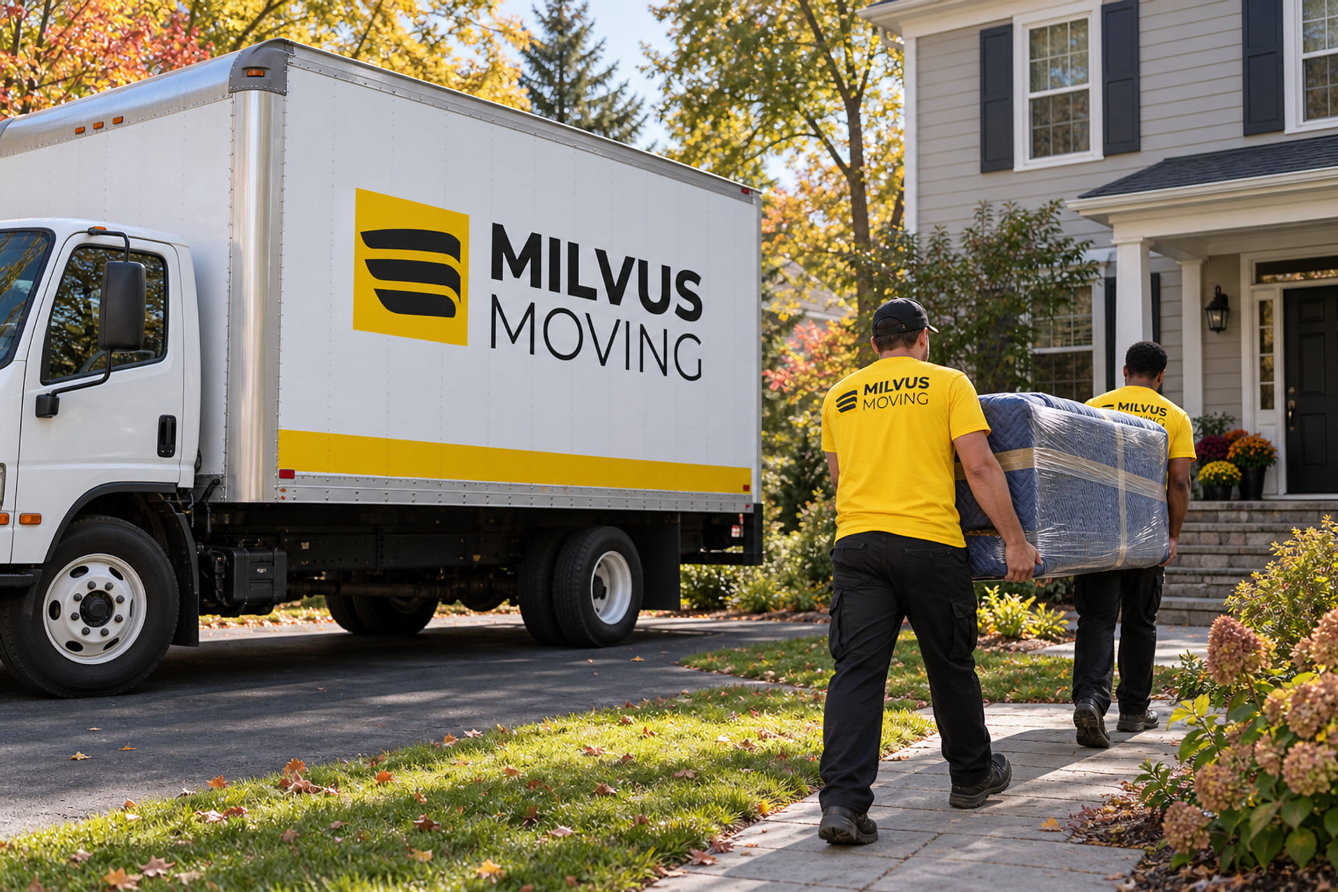 Movers carrying wrapped furniture toward a clapboard home