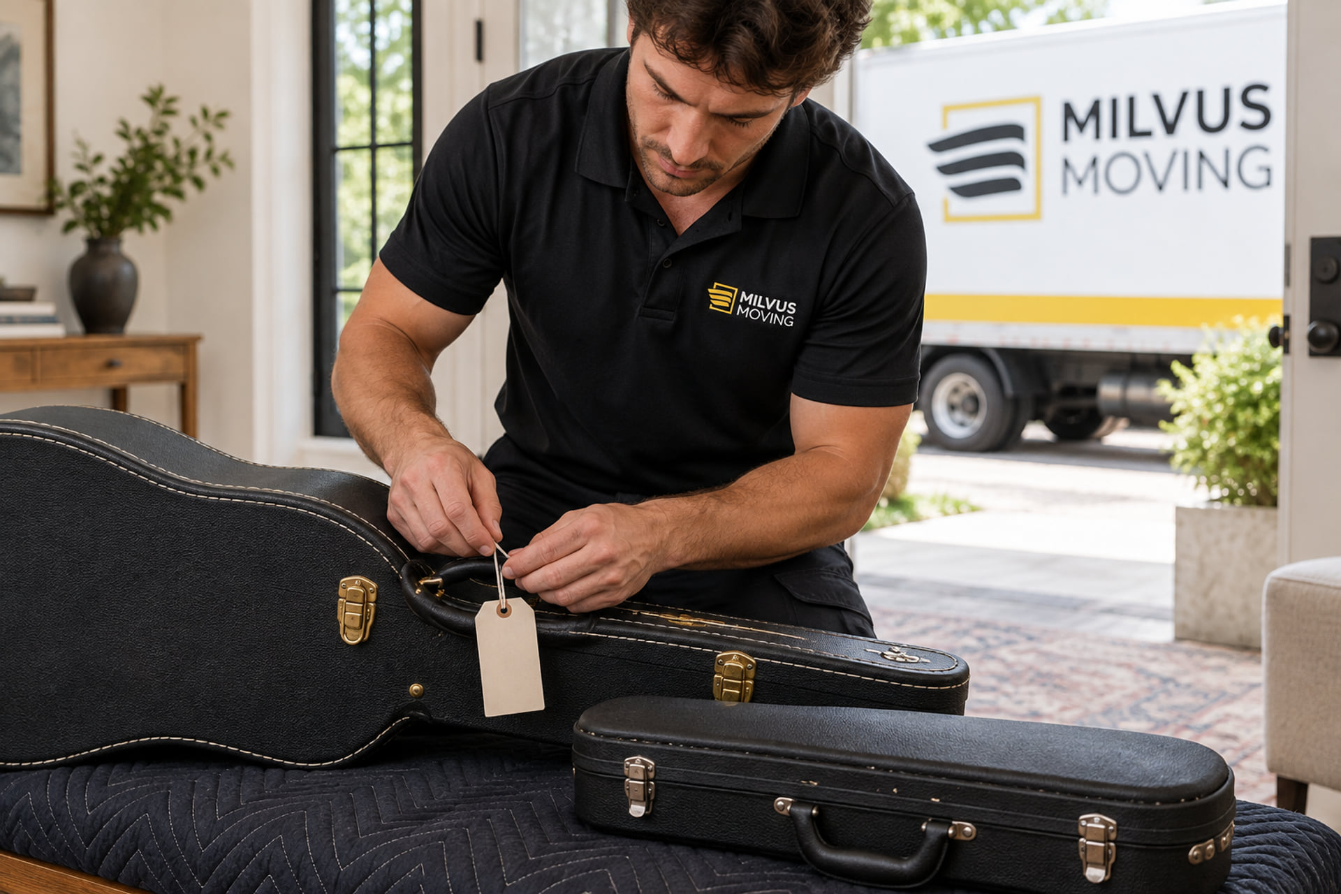 Mover attaching a tag to a closed instrument case beside another hard case