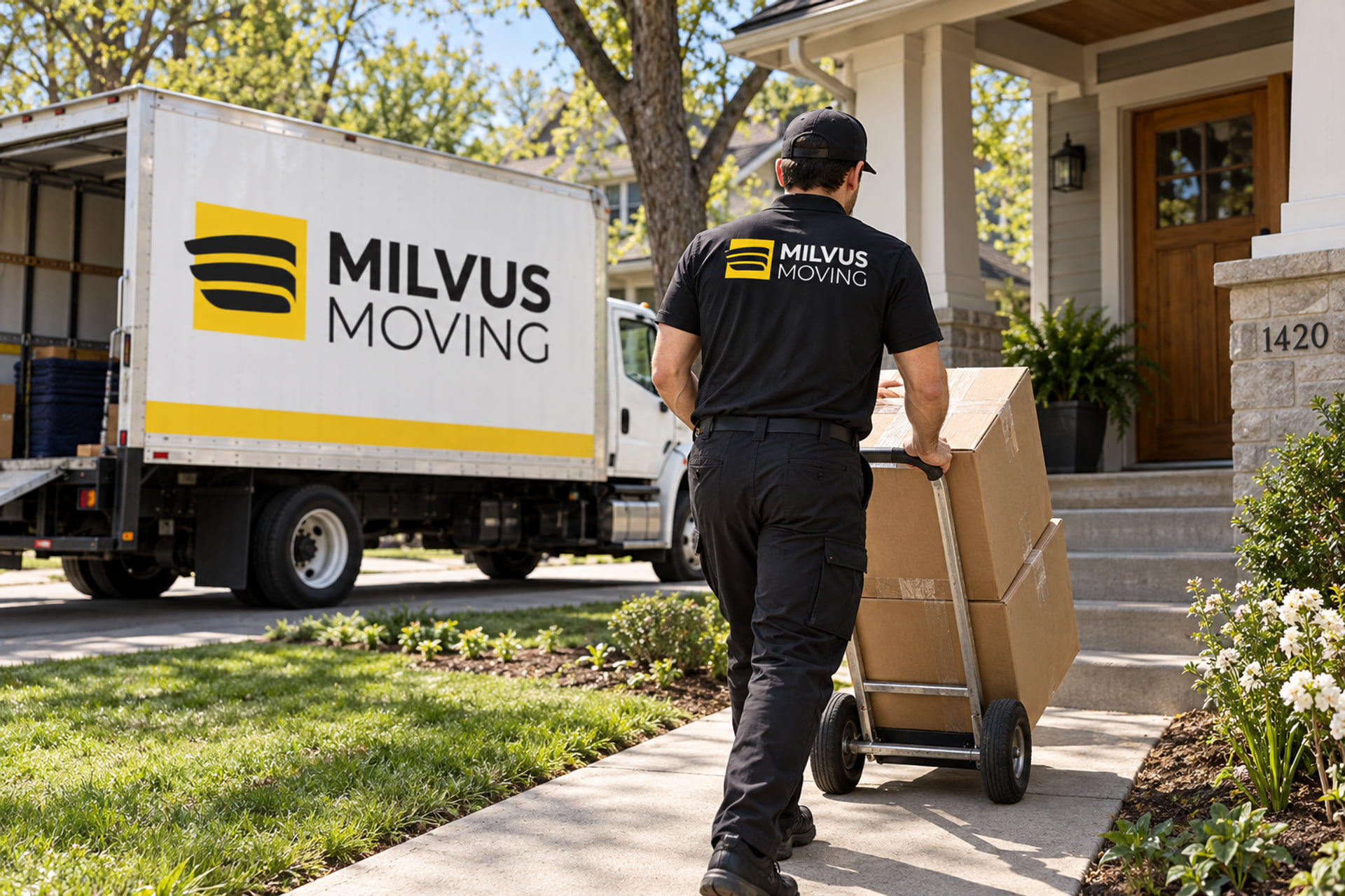 Mover wheeling cartons toward a covered porch beside a Milvus truck