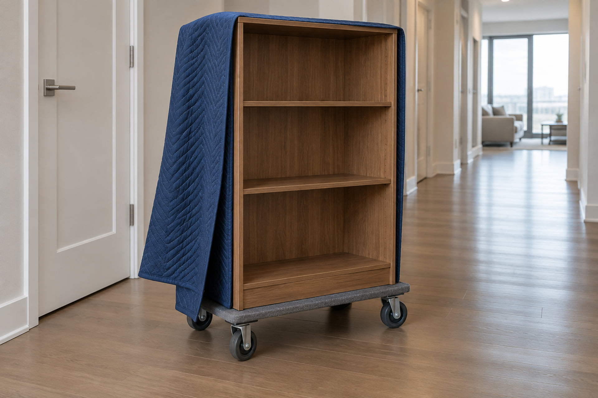 Empty bookcase with a protective blanket on a furniture dolly