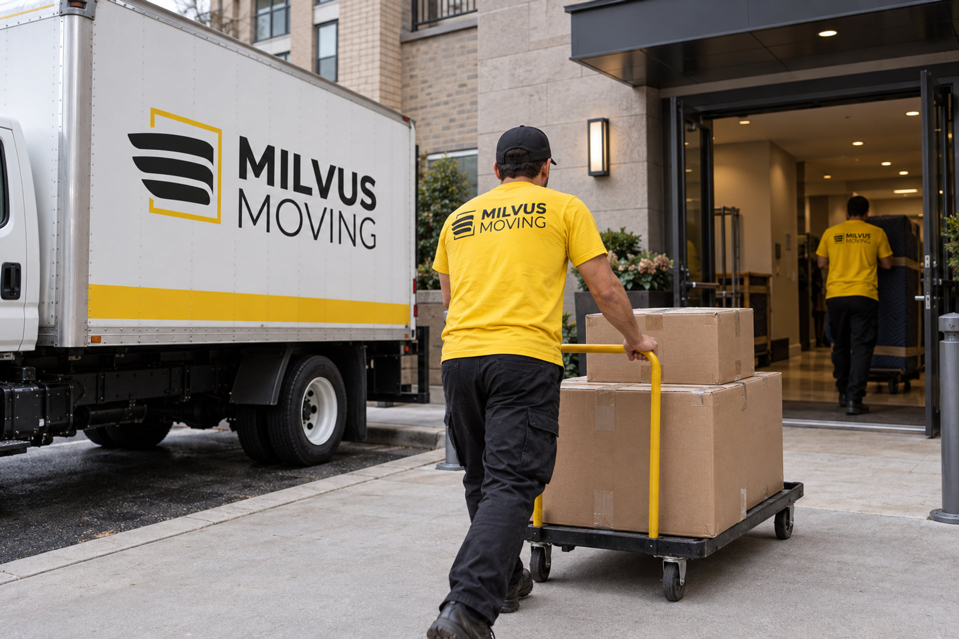 Mover wheeling cartons toward a wide covered building entrance