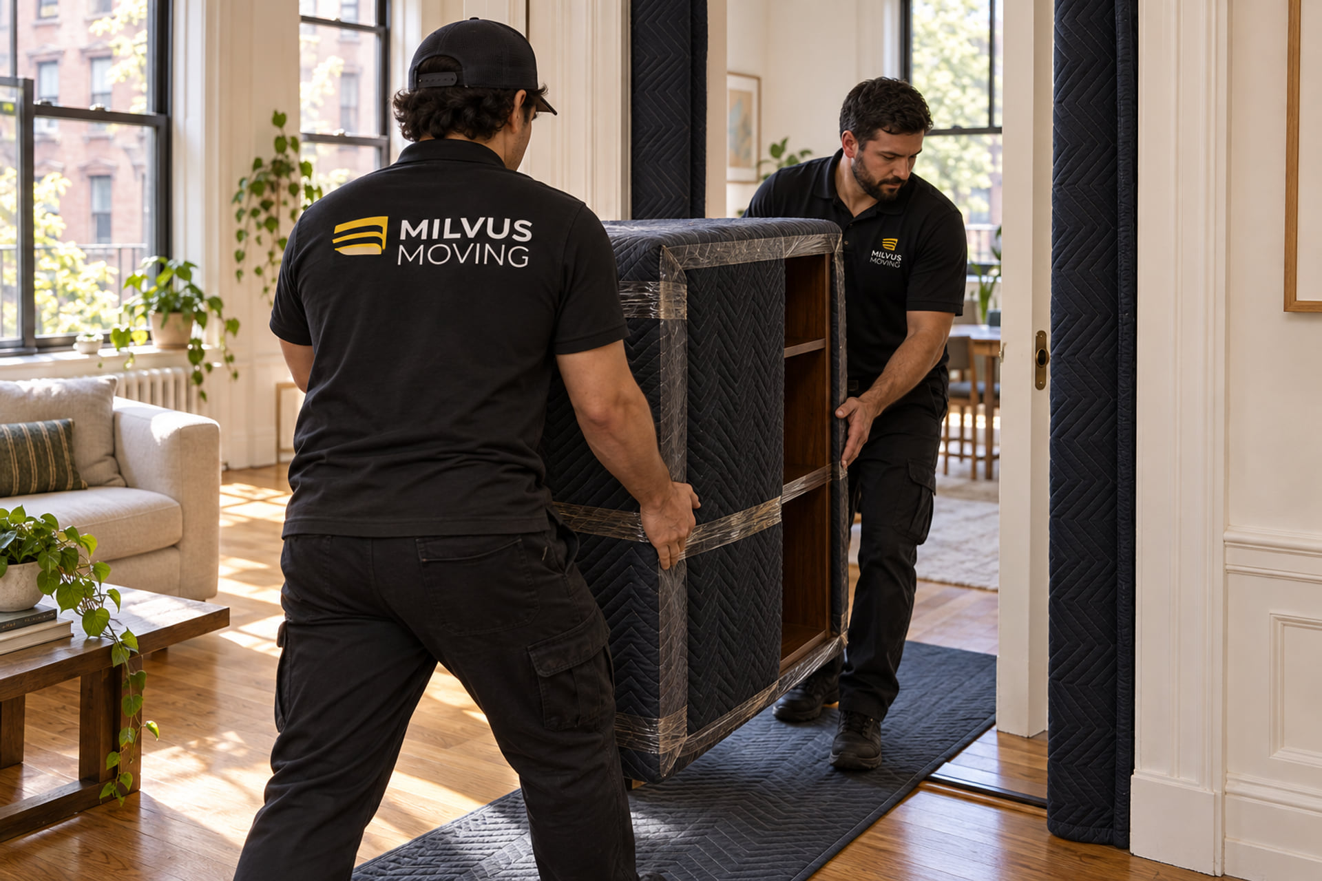 Two movers carrying a padded cabinet through a wide doorway