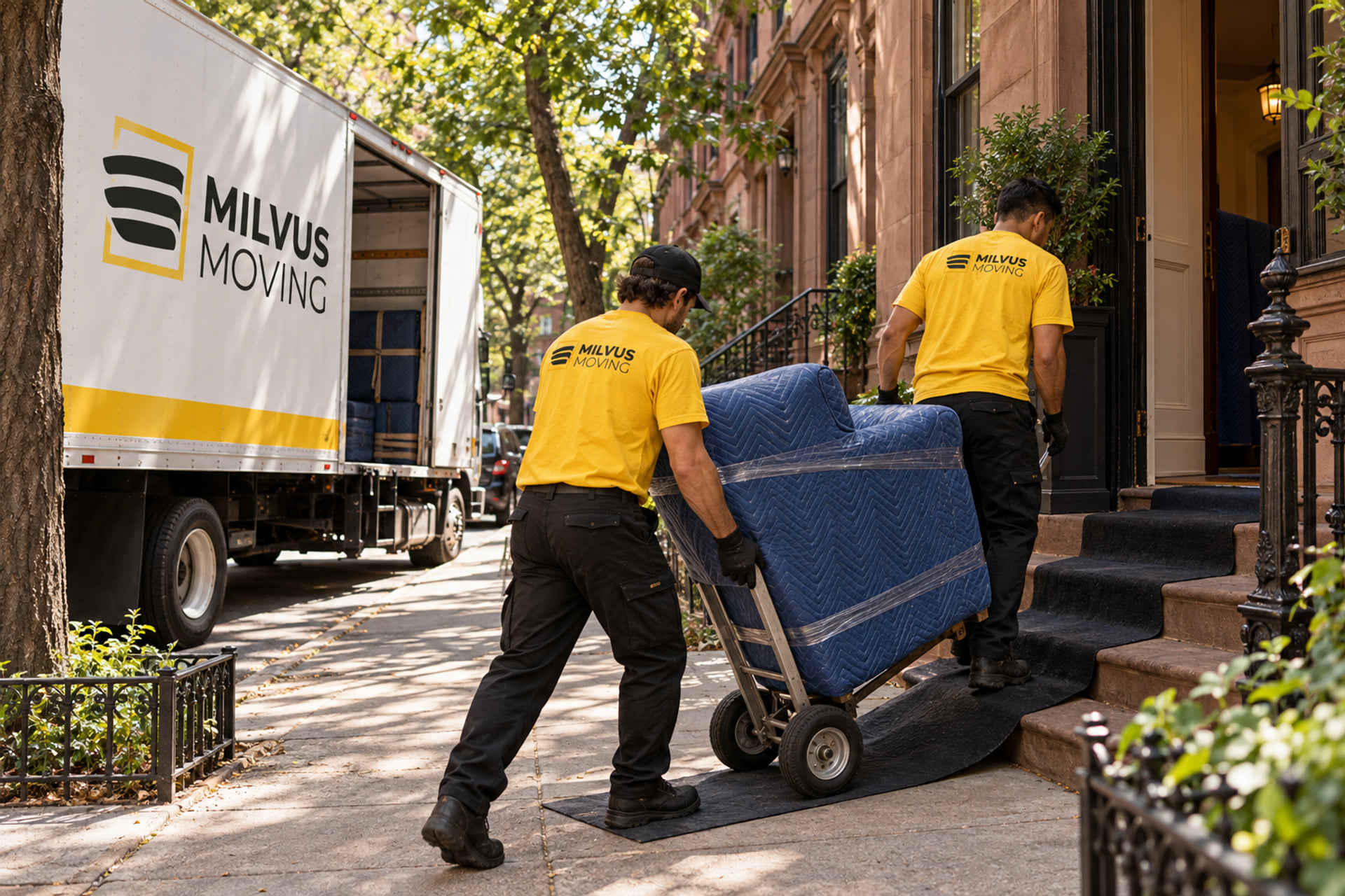 Movers guiding a wrapped armchair on a hand truck beside a brick stoop