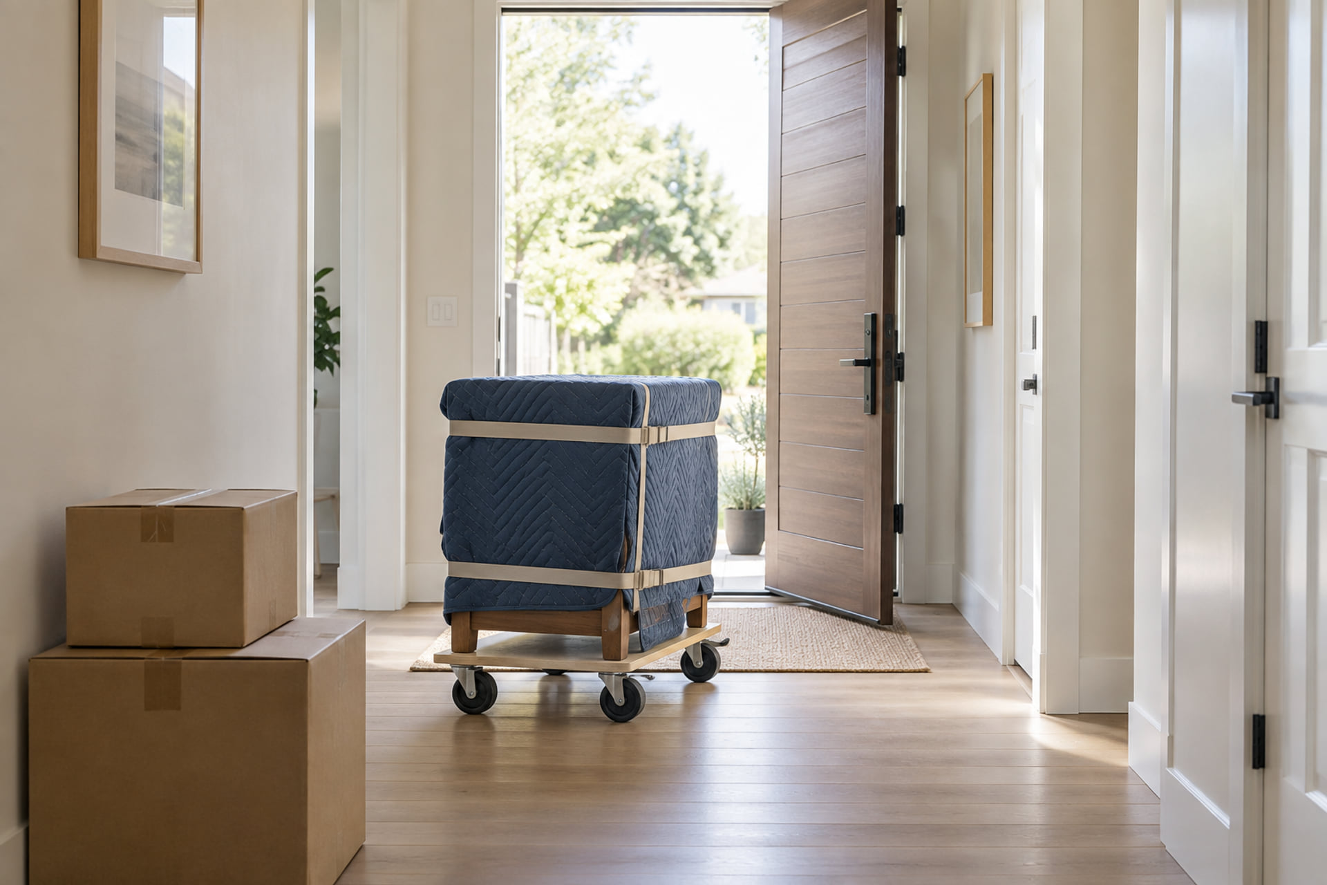Padded furniture on a dolly beside cartons and an open front door