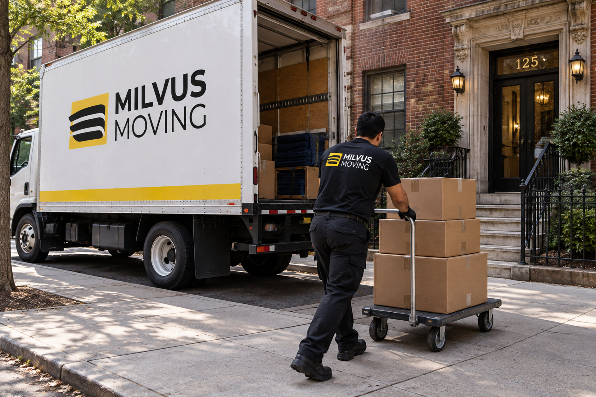 Mover pushing a strapped carton trolley toward a brick apartment entrance