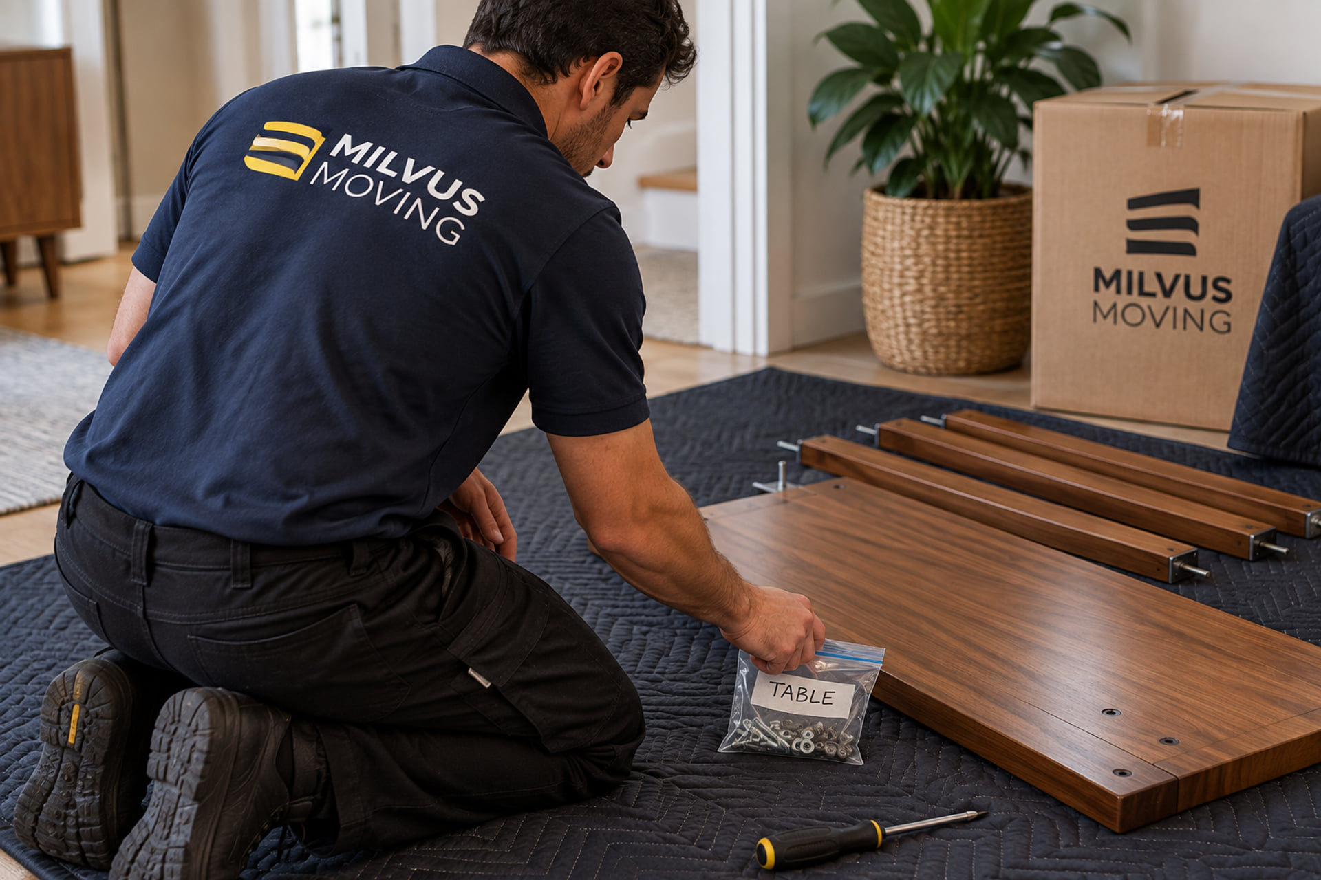 Mover keeping table hardware together beside dismantled wooden parts