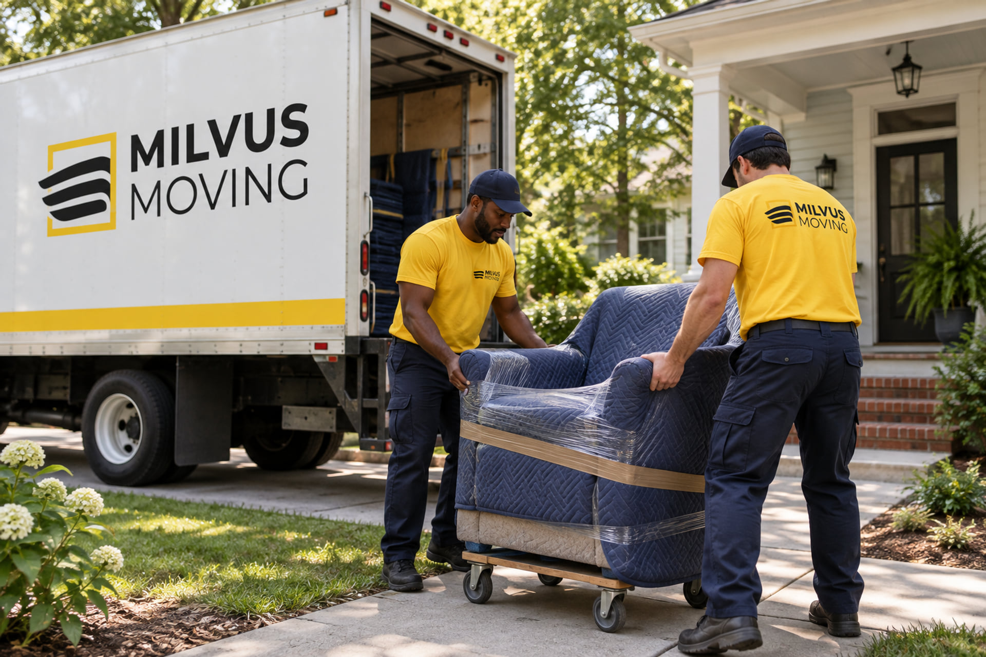 Movers guiding a wrapped armchair on a dolly near a shaded porch