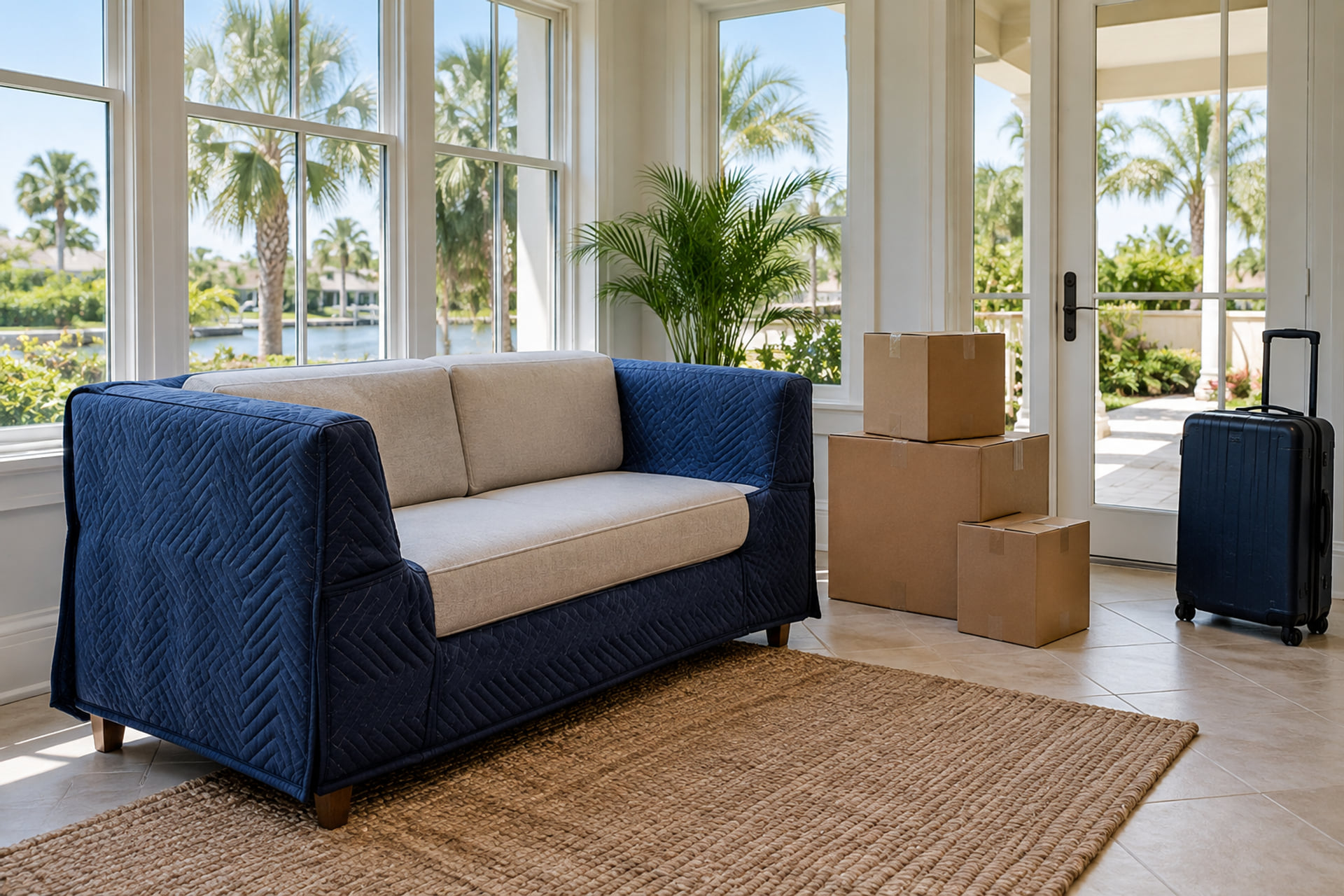 Partly padded sofa, sealed cartons and a suitcase in a bright living room