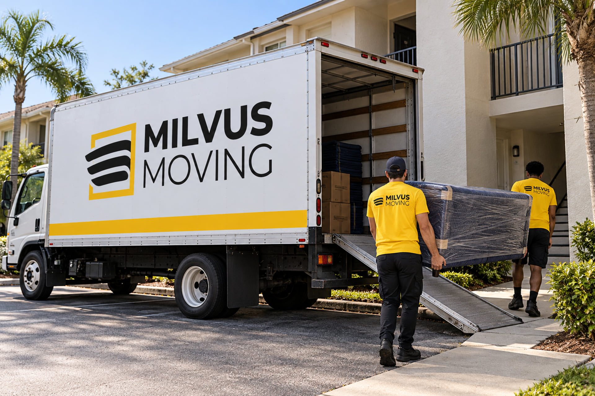 Milvus crew carrying wrapped furniture toward a stucco apartment building
