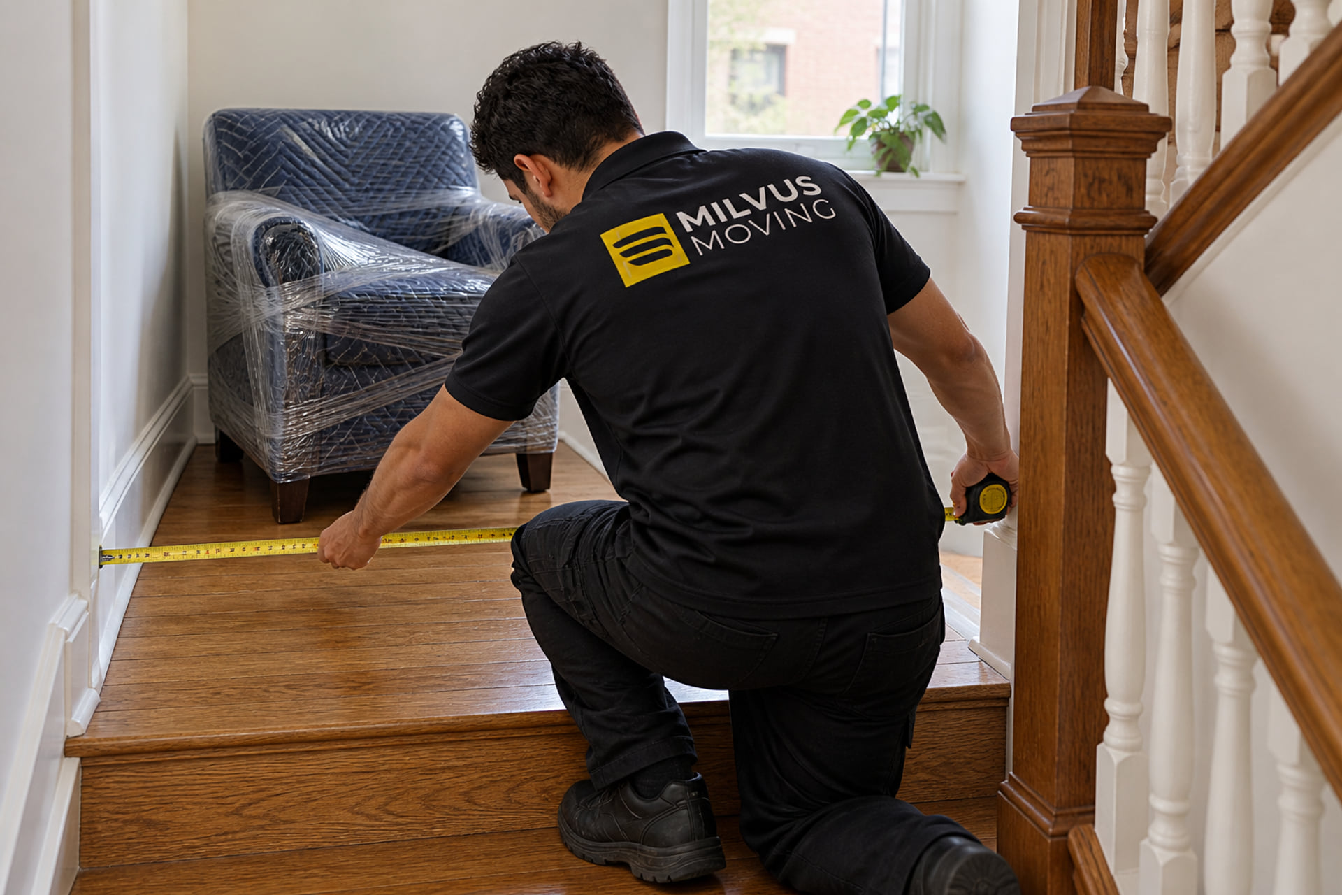 Mover measuring a stair landing beside a wrapped armchair