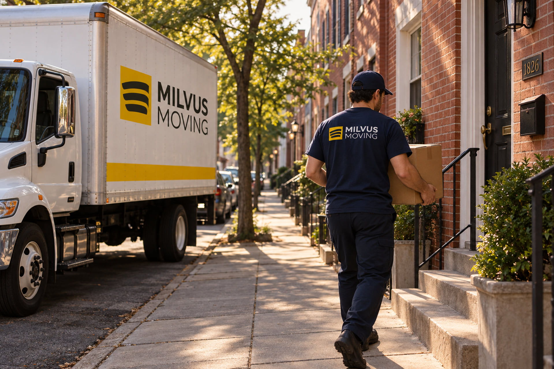 Mover carrying a carton along a brick rowhouse sidewalk beside a Milvus truck