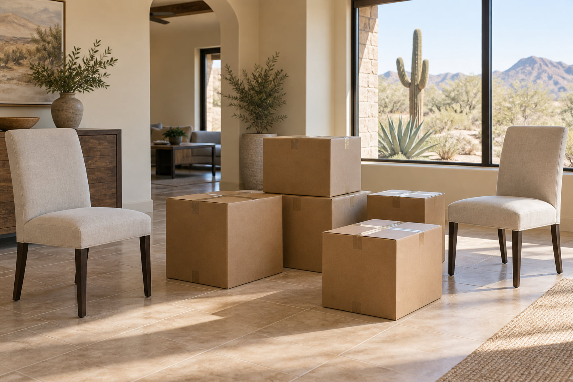Sealed cartons between dining chairs in a sunlit room
