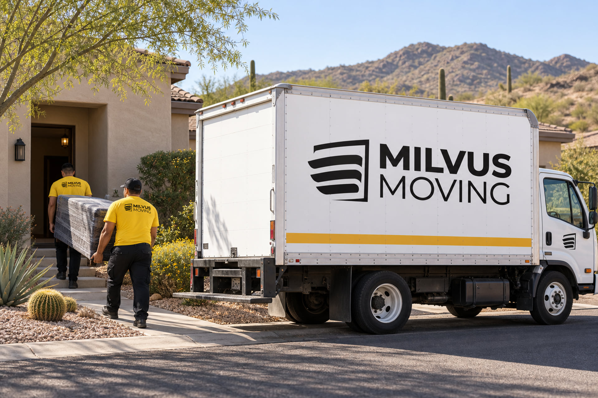 Milvus crew carrying wrapped furniture toward a home with desert landscaping