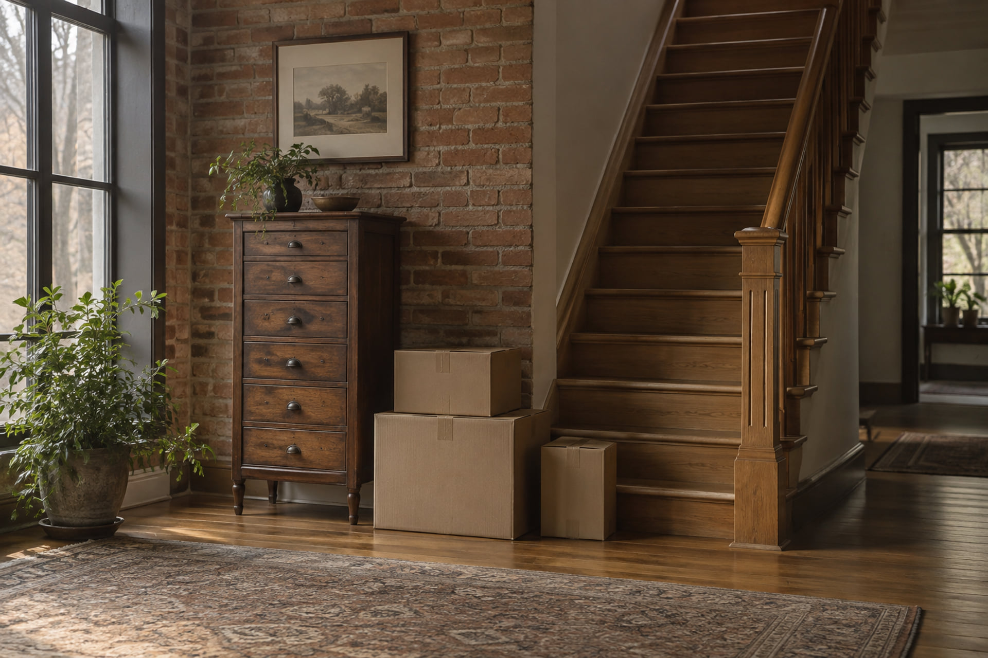 Wooden chest and sealed cartons beside a clear interior staircase