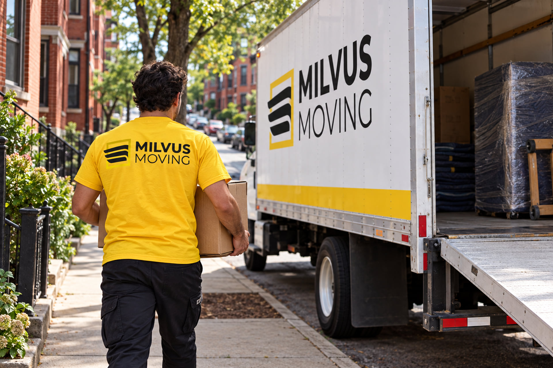 Mover carrying a carton between a Milvus truck and brick homes