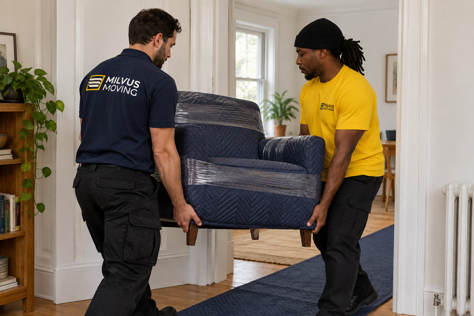 Two movers carrying a wrapped armchair through an interior doorway