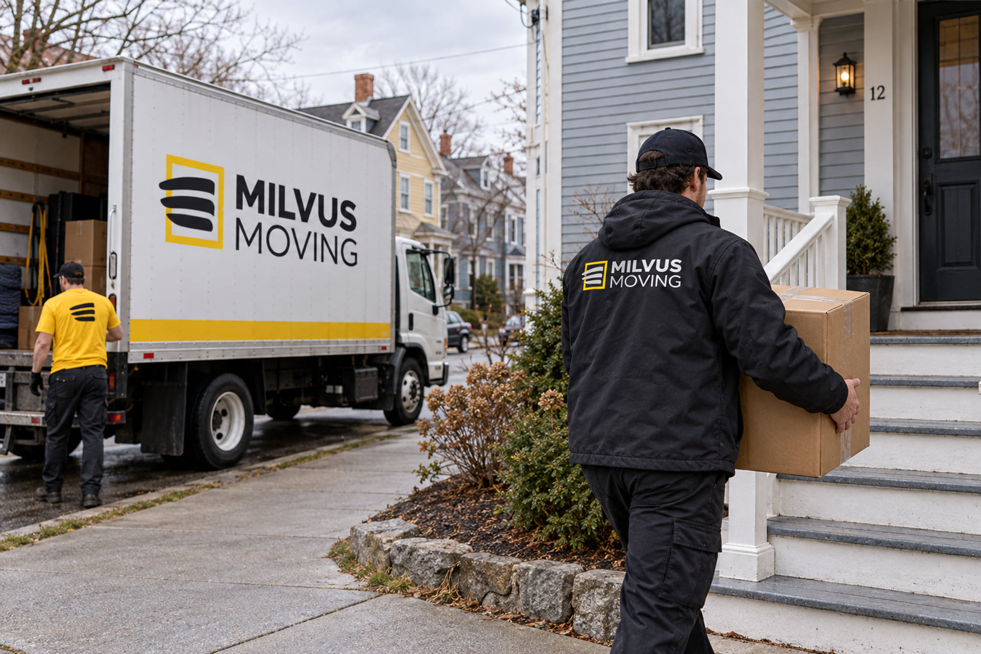 Mover carrying a carton toward a clapboard home beside a Milvus truck