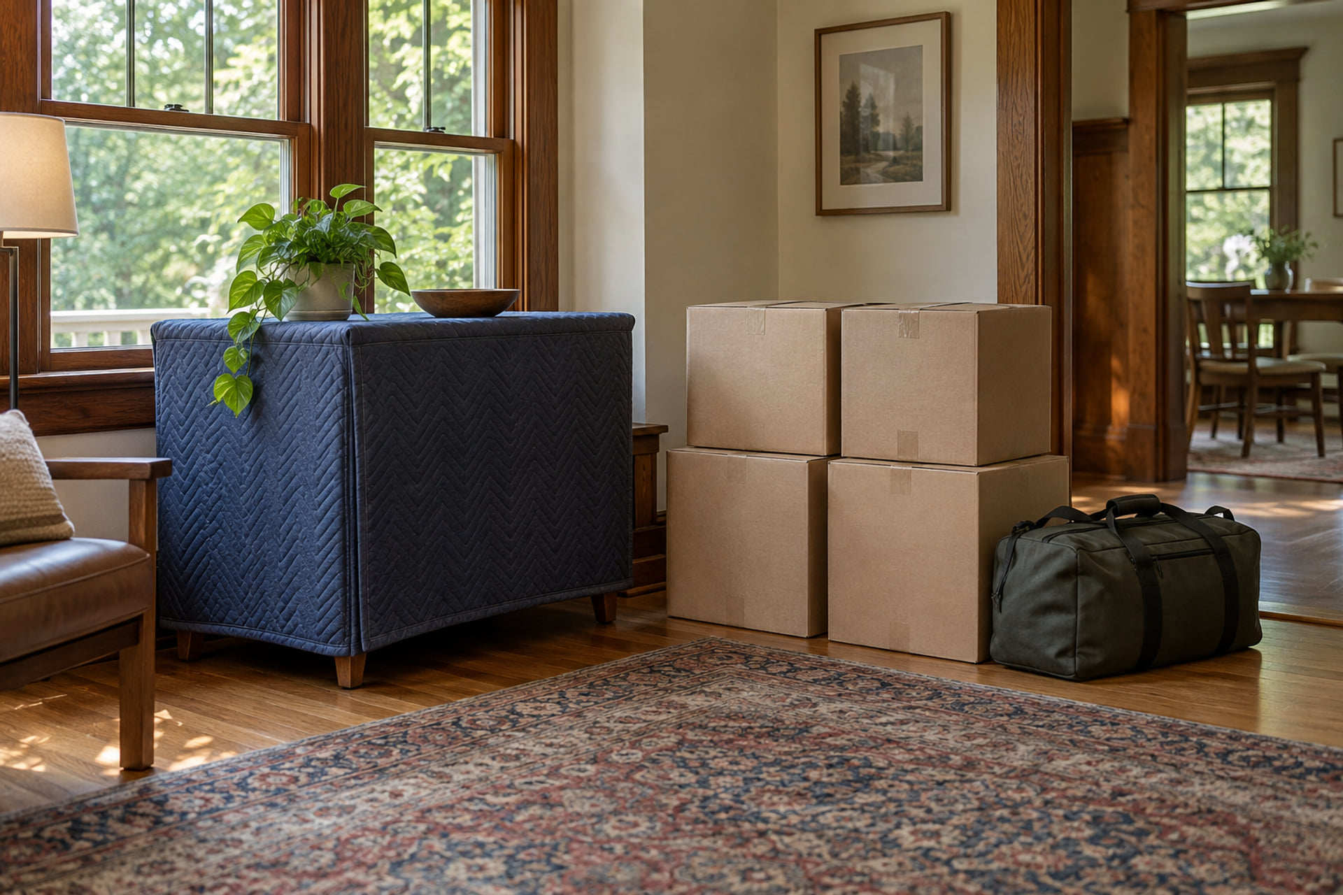 Padded cabinet, sealed cartons and a travel bag in a wood-trimmed room