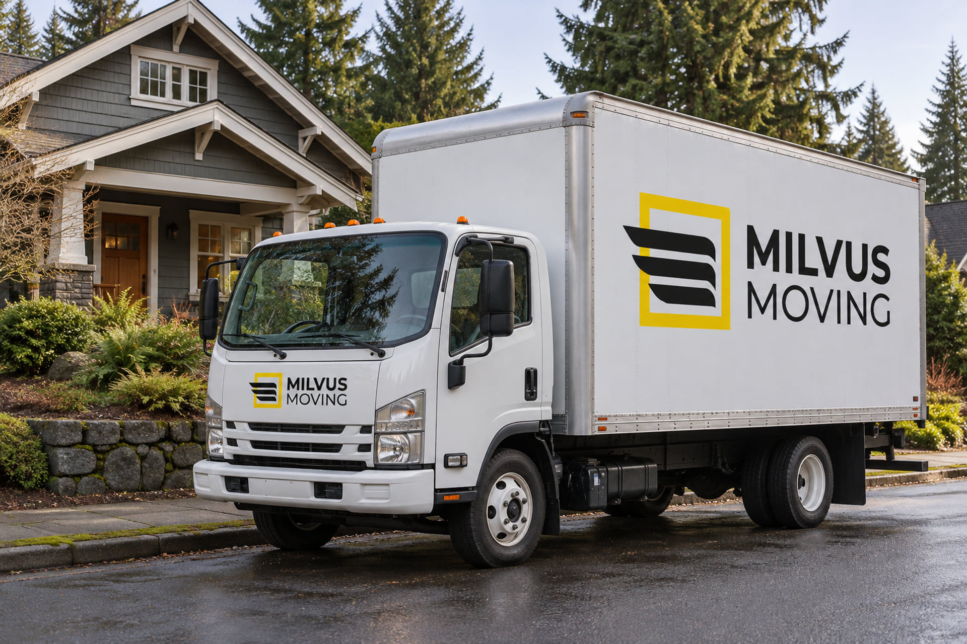 Milvus moving truck parked beside a gabled house and evergreen trees