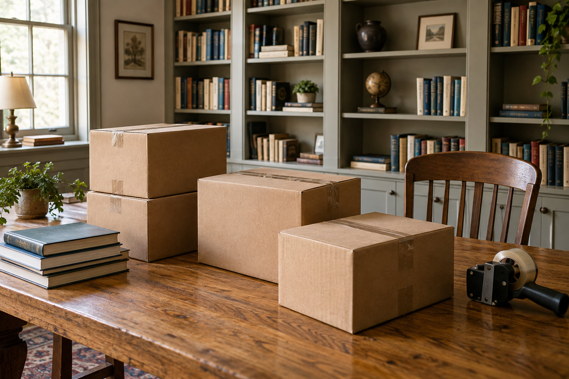 Sealed cartons, books and packing tape on a table in a home library
