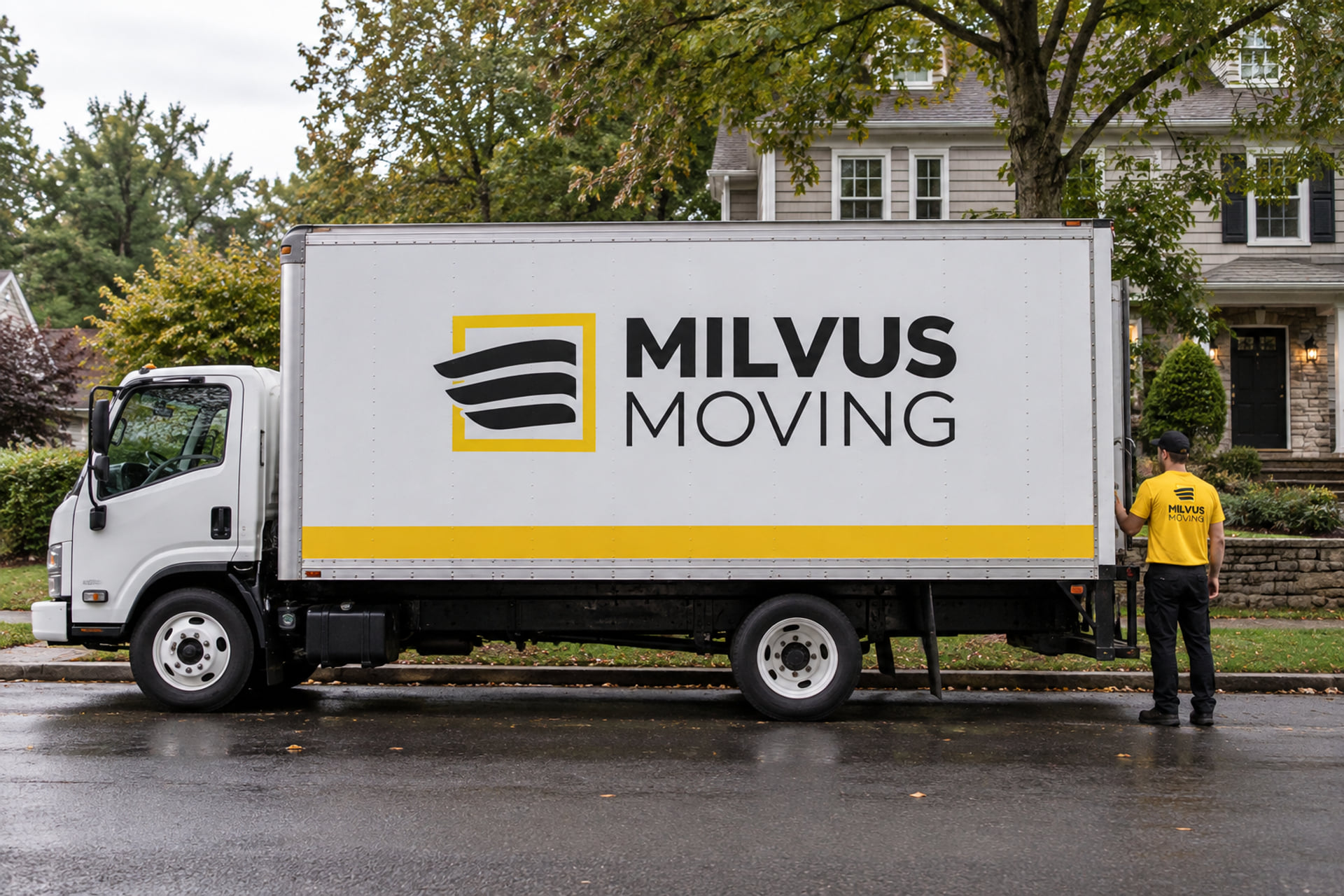 Milvus moving truck parked beside a leafy residential property with a mover at the rear