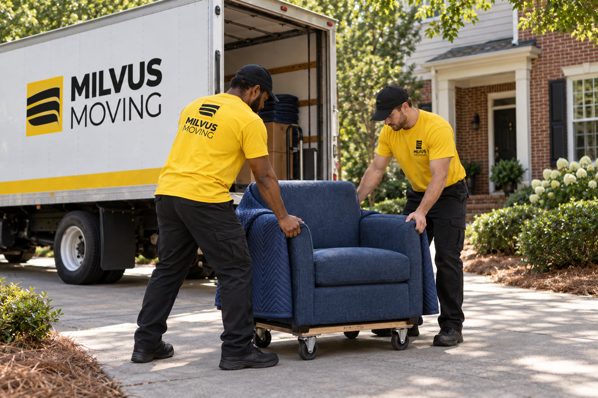 Movers guiding an armchair on a dolly beside a brick house and moving truck