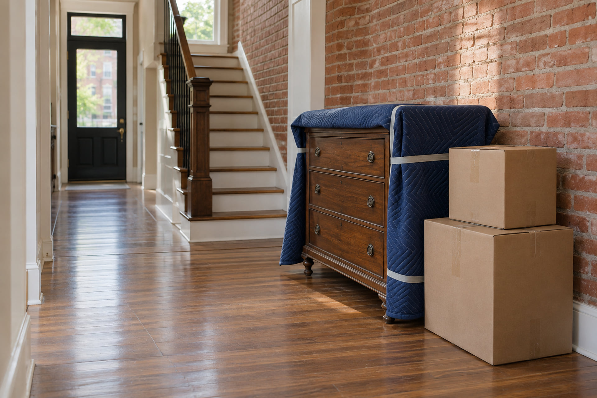 Chest of drawers partly covered by a moving blanket beside a clear hall